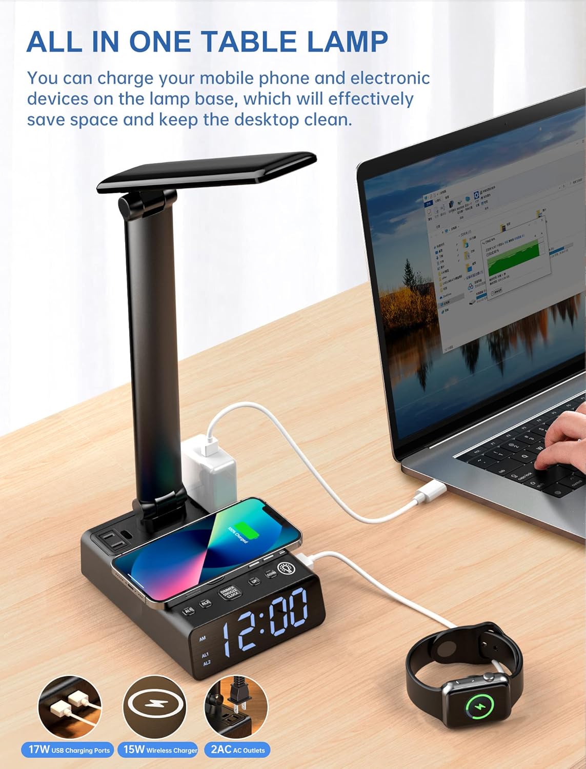 ELMWAY Alarm Clock with USB Charger and Outlets