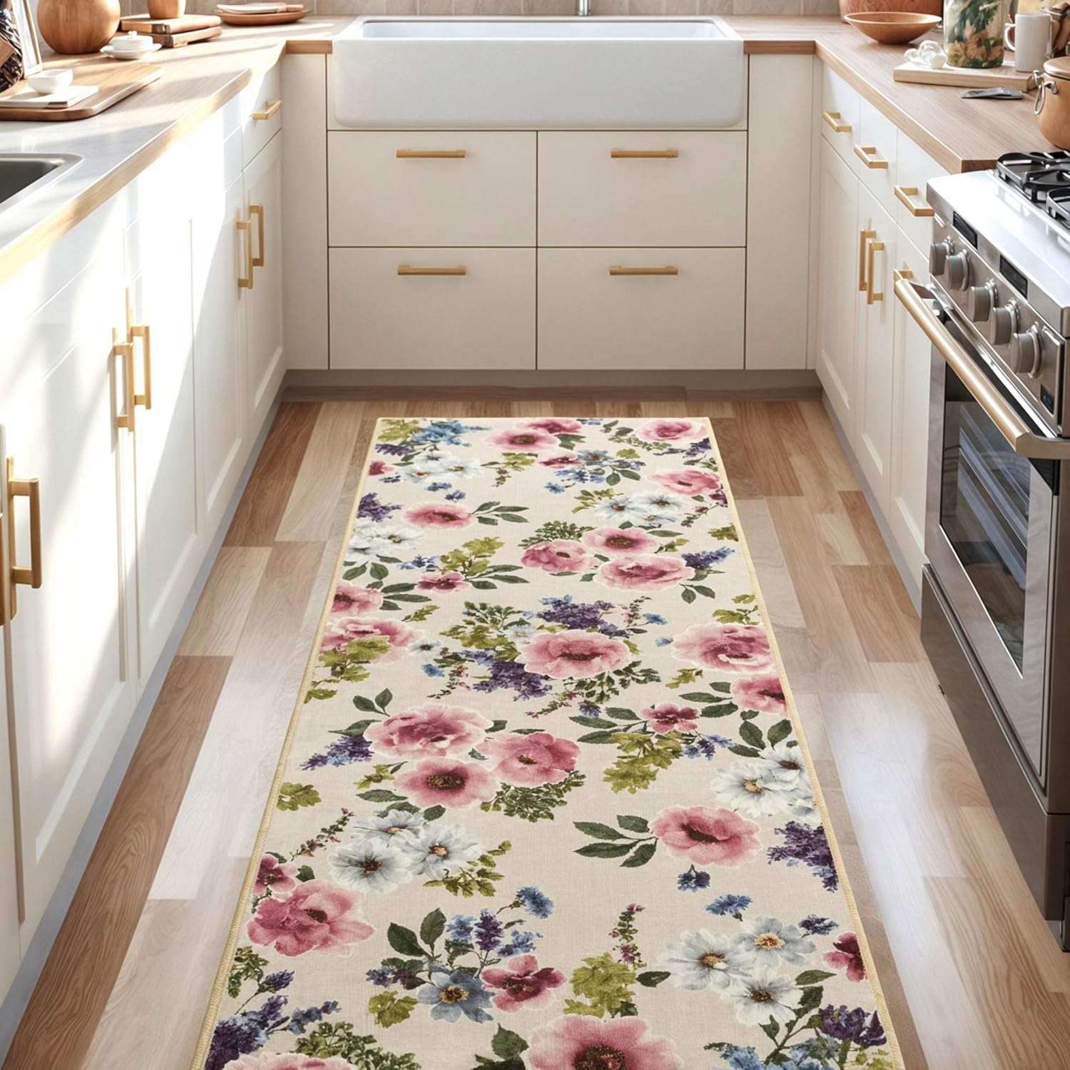 Boho Floral Rug Runner for Hallway Kitchen Non-Slip Soft Machine Washable