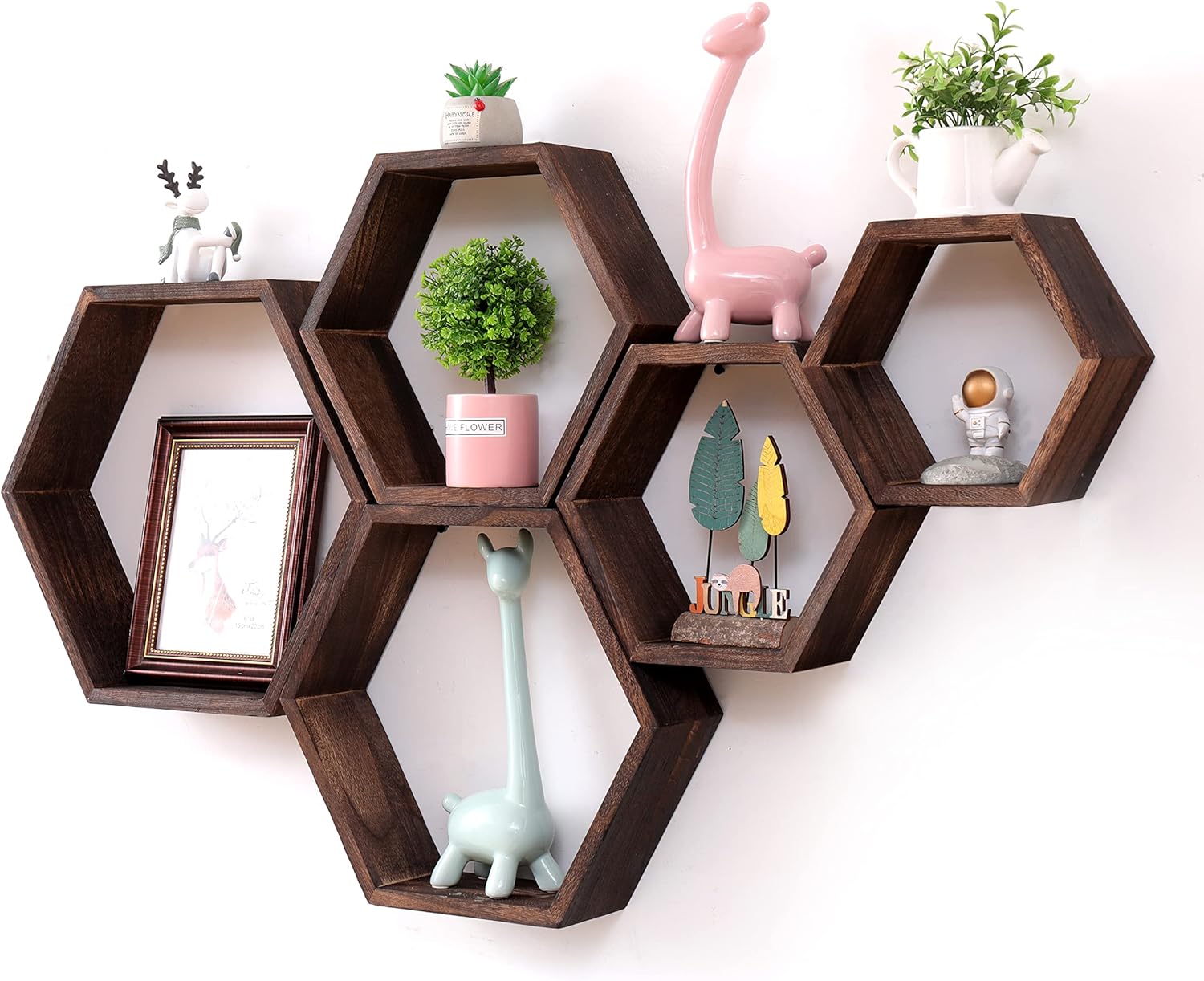 WONFUlity Hexagon Floating Shelves Driftwood Wood