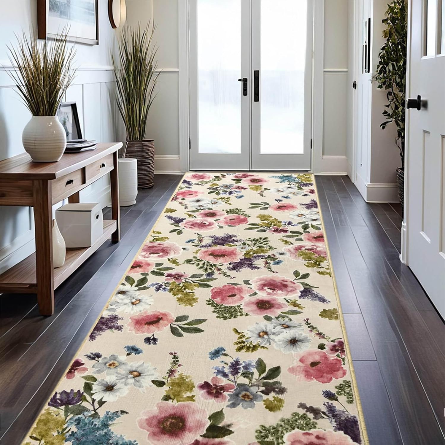 Boho Floral Rug Runner for Hallway Kitchen Non-Slip Soft Machine Washable