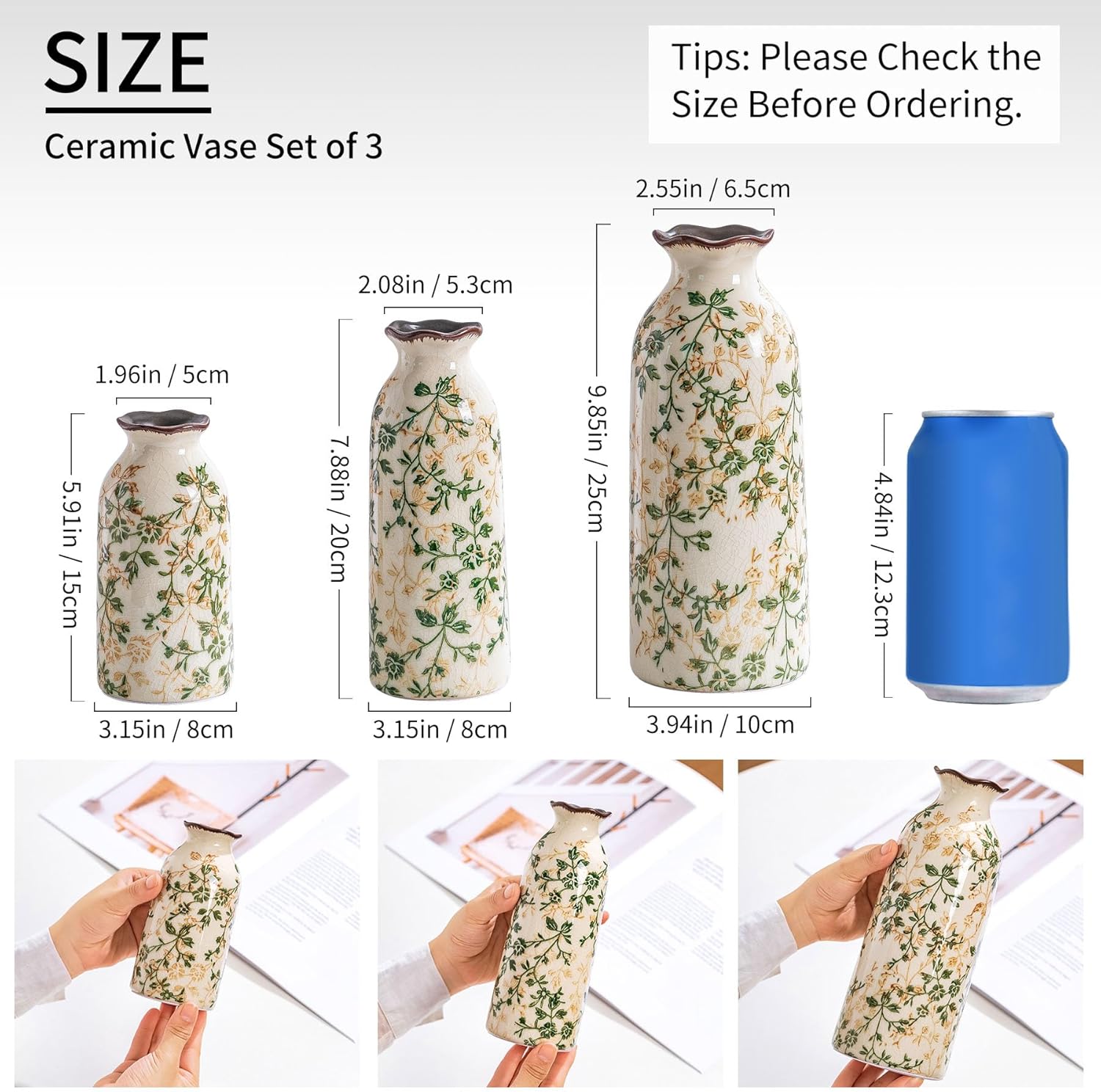 Set of 3 Ceramic Vases Vintage Green and Beige