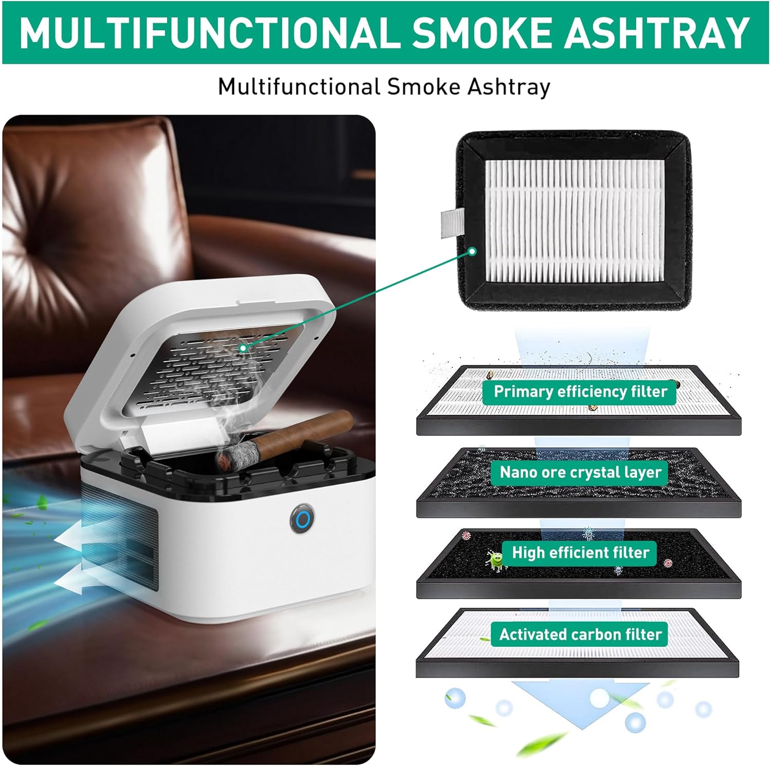 VANSU 2 in 1 Air Purifier Smokeless Ashtray with HEPA Filter USB Rechargeable