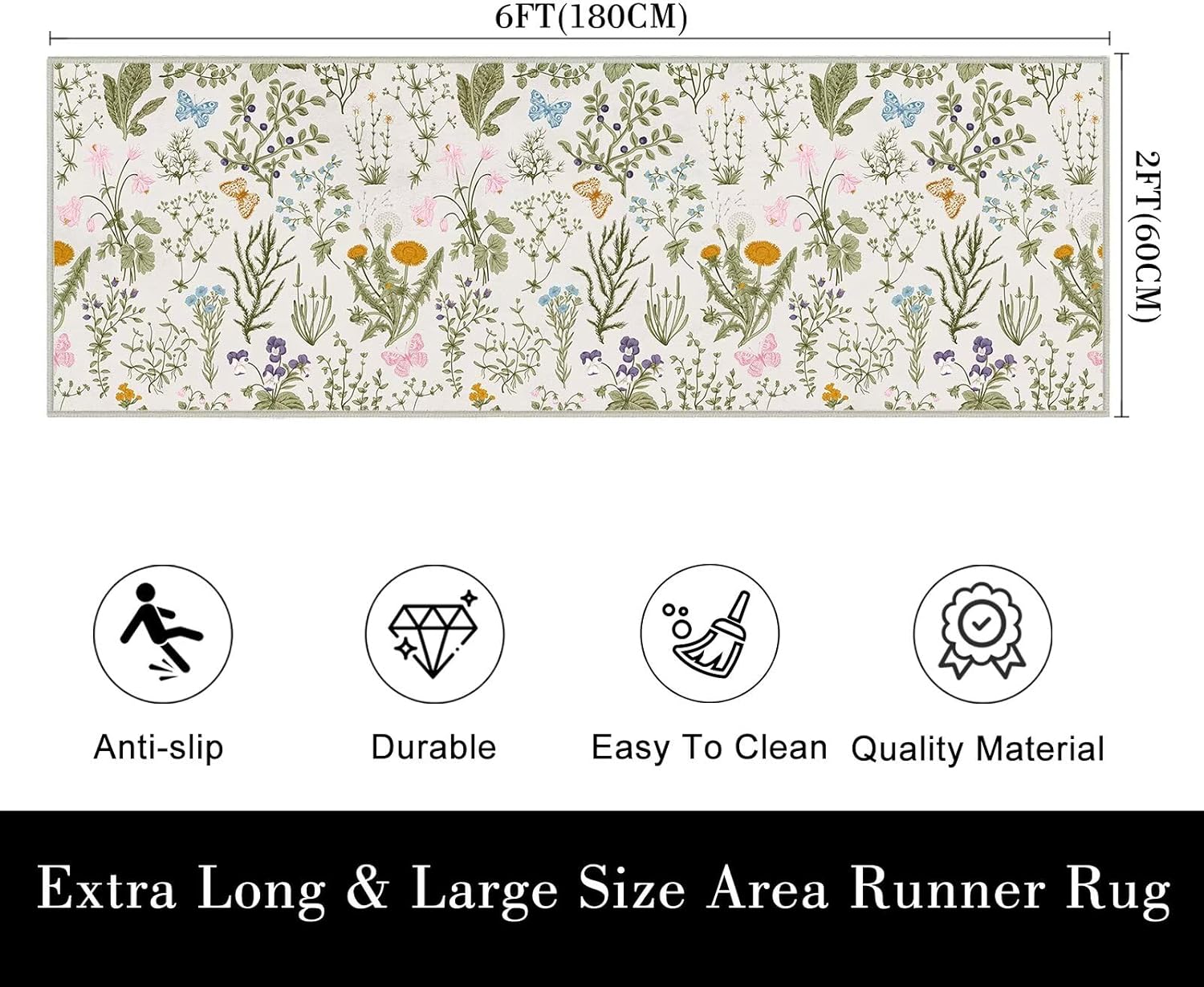 Floral Runner Rug 2x6 Feet Sage Green Non-Slip Indoor Door Mat