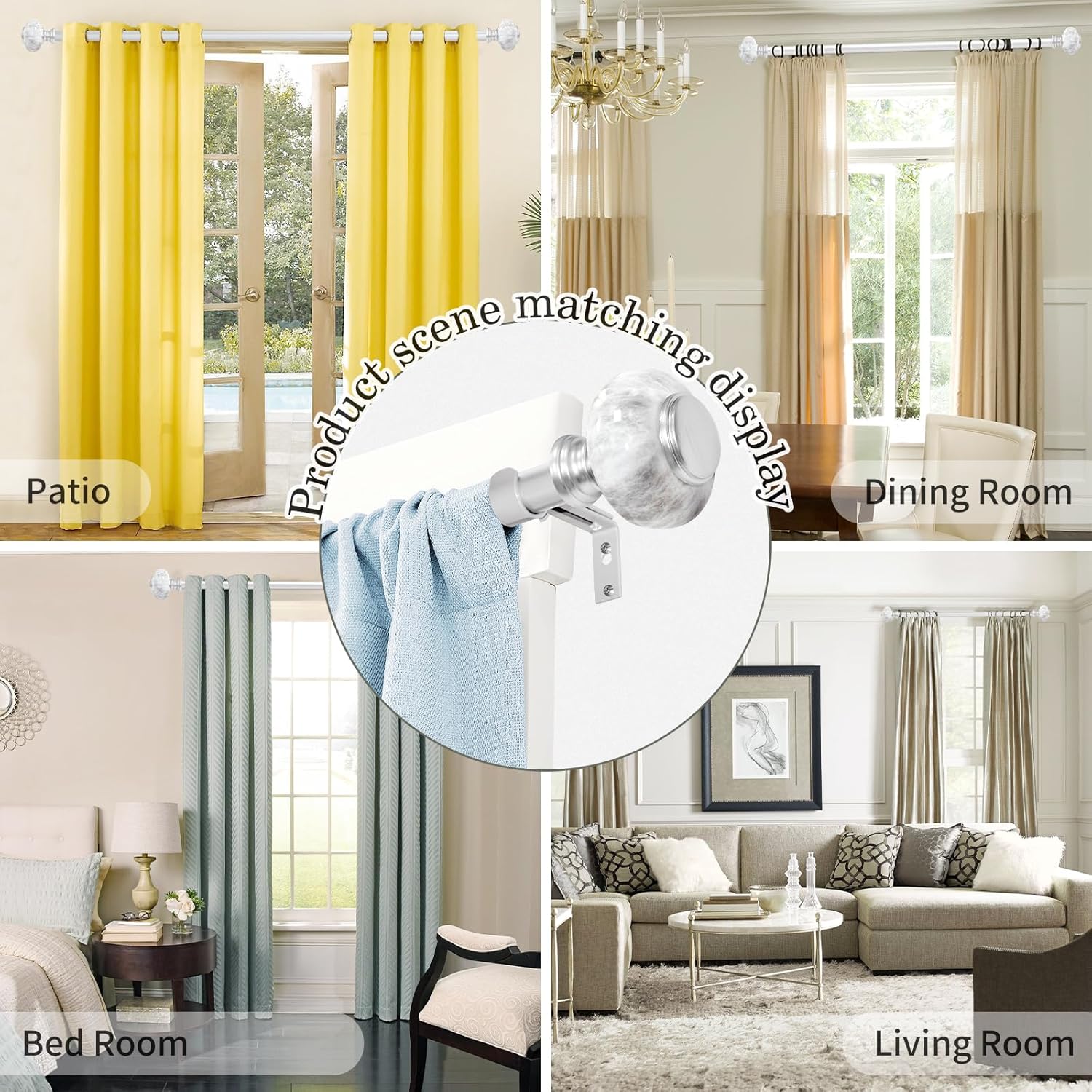 Silver Curtain Rod 48-84 Inches Heavy Duty Adjustable with Marble Finials
