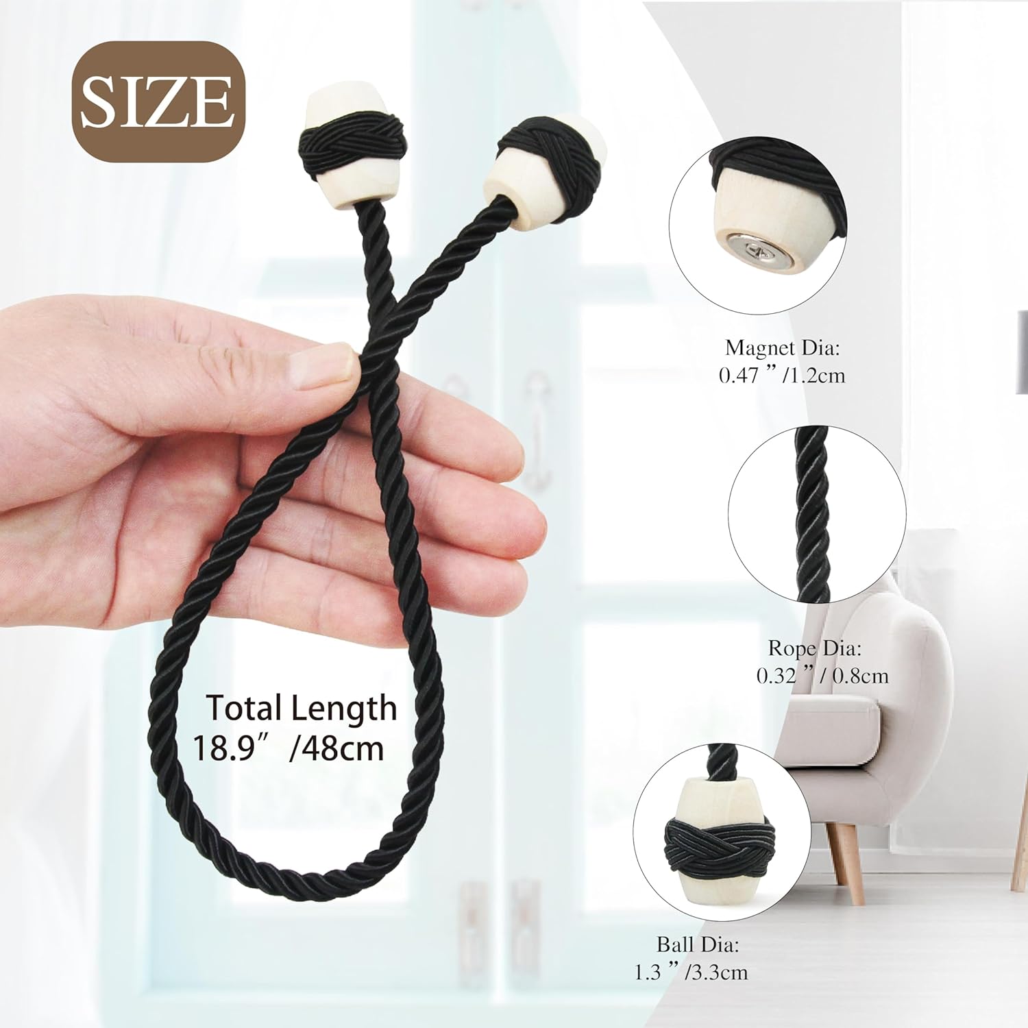 Hangtty Magnetic Curtain Tiebacks 2Pack Black