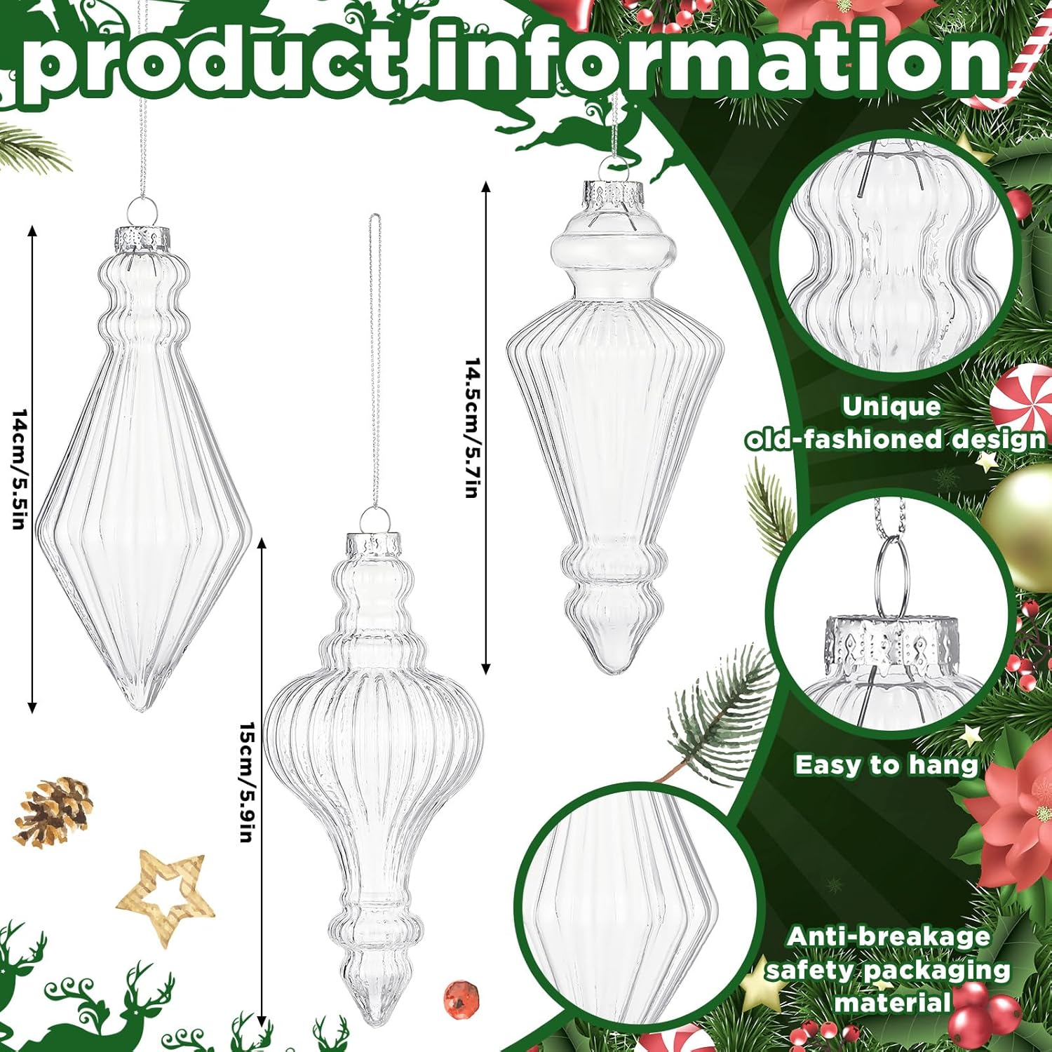 6 Pcs 57 Inch Glass Christmas Ornament Set
