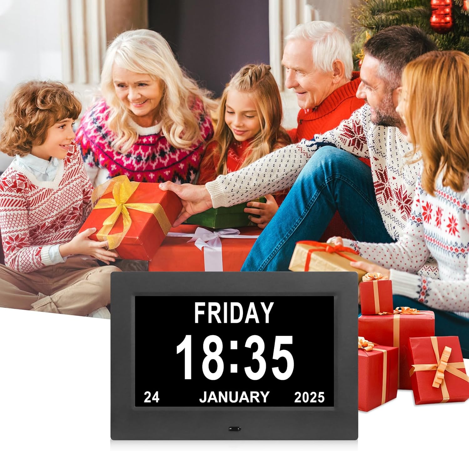 Large Black Dementia Clock with Day Date and 12 Alarms
