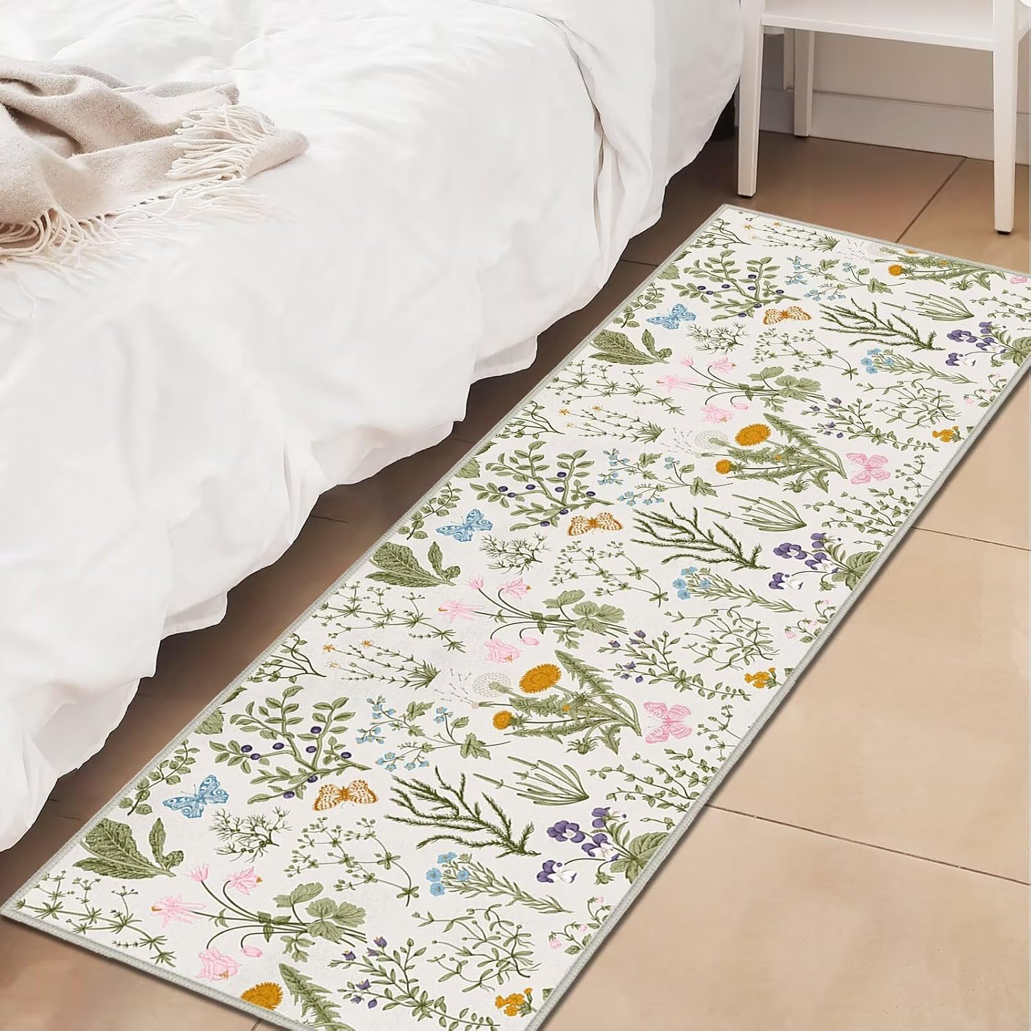 Floral Runner Rug 2x6 Feet Sage Green Non-Slip Indoor Door Mat