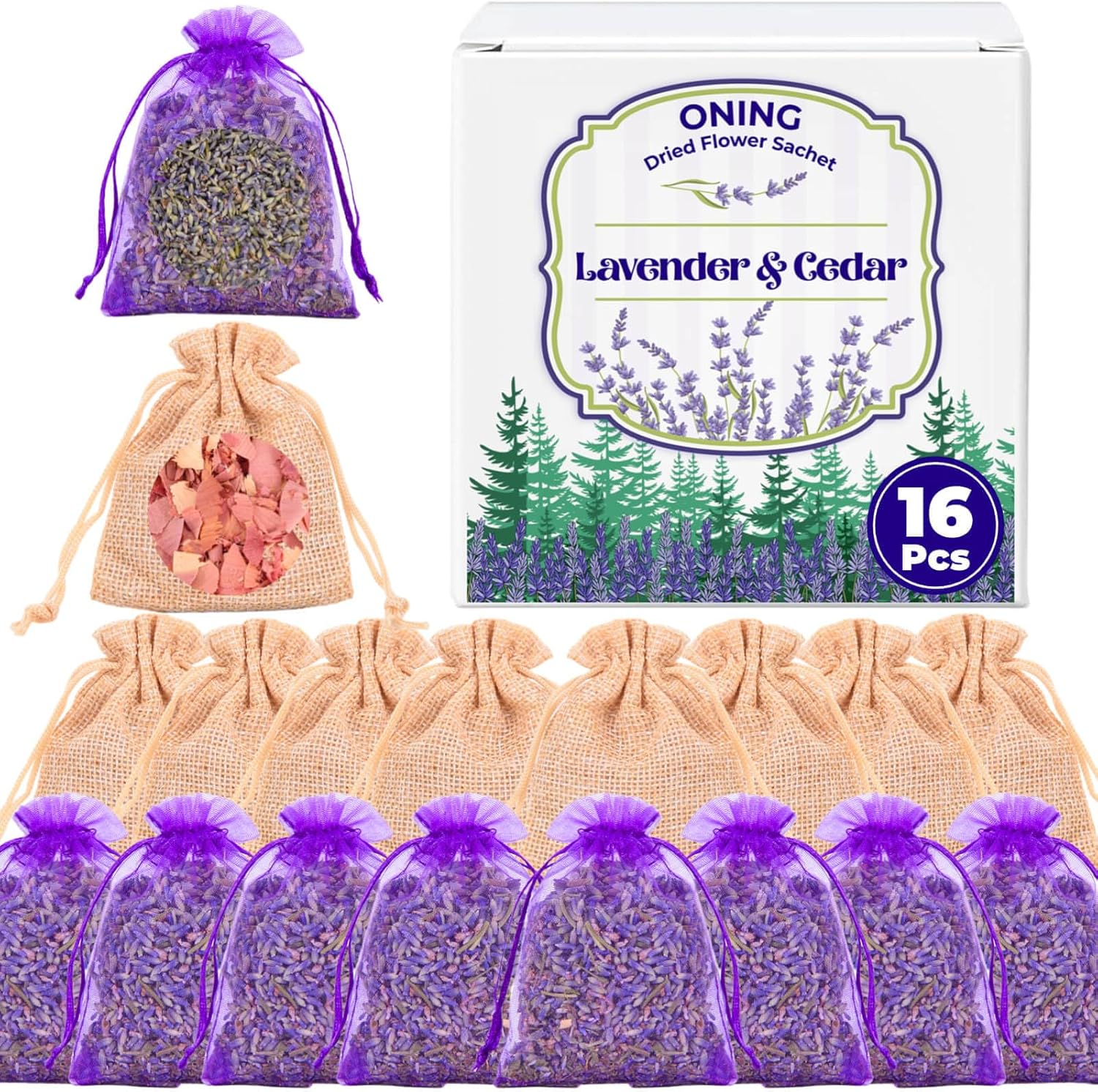 16 Pack Lavender Sachet Bags Cedar Chips Set - Natural Premium Dried Lavender Flowers for Home Fragrance