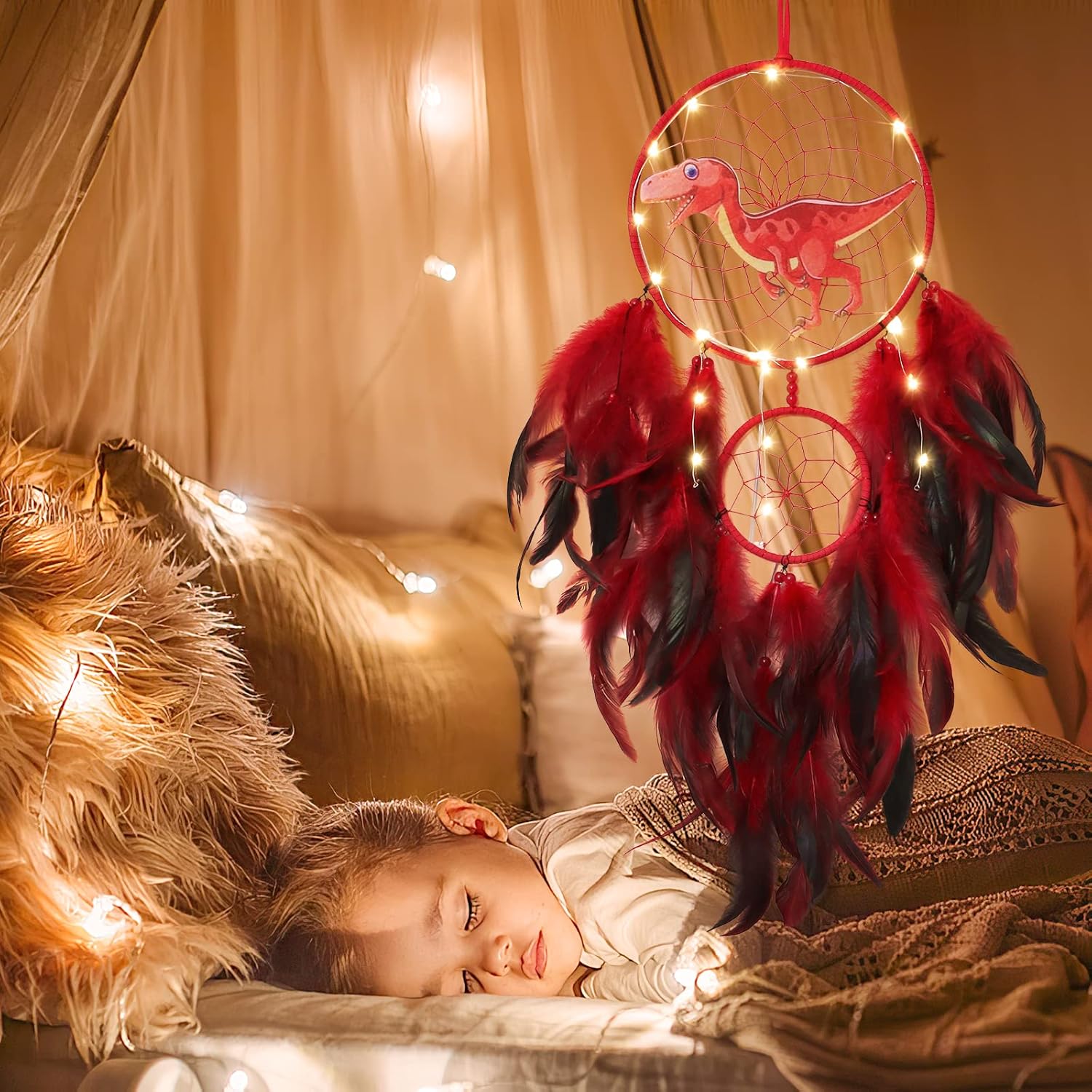 LOMOHOO Dinosaur Dream Catcher LED Light Handmade Decor for Kids Bedroom