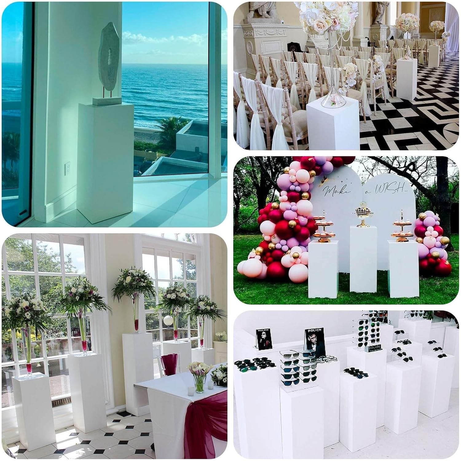Set of 5 White Metal Rectangular Display Pedestals