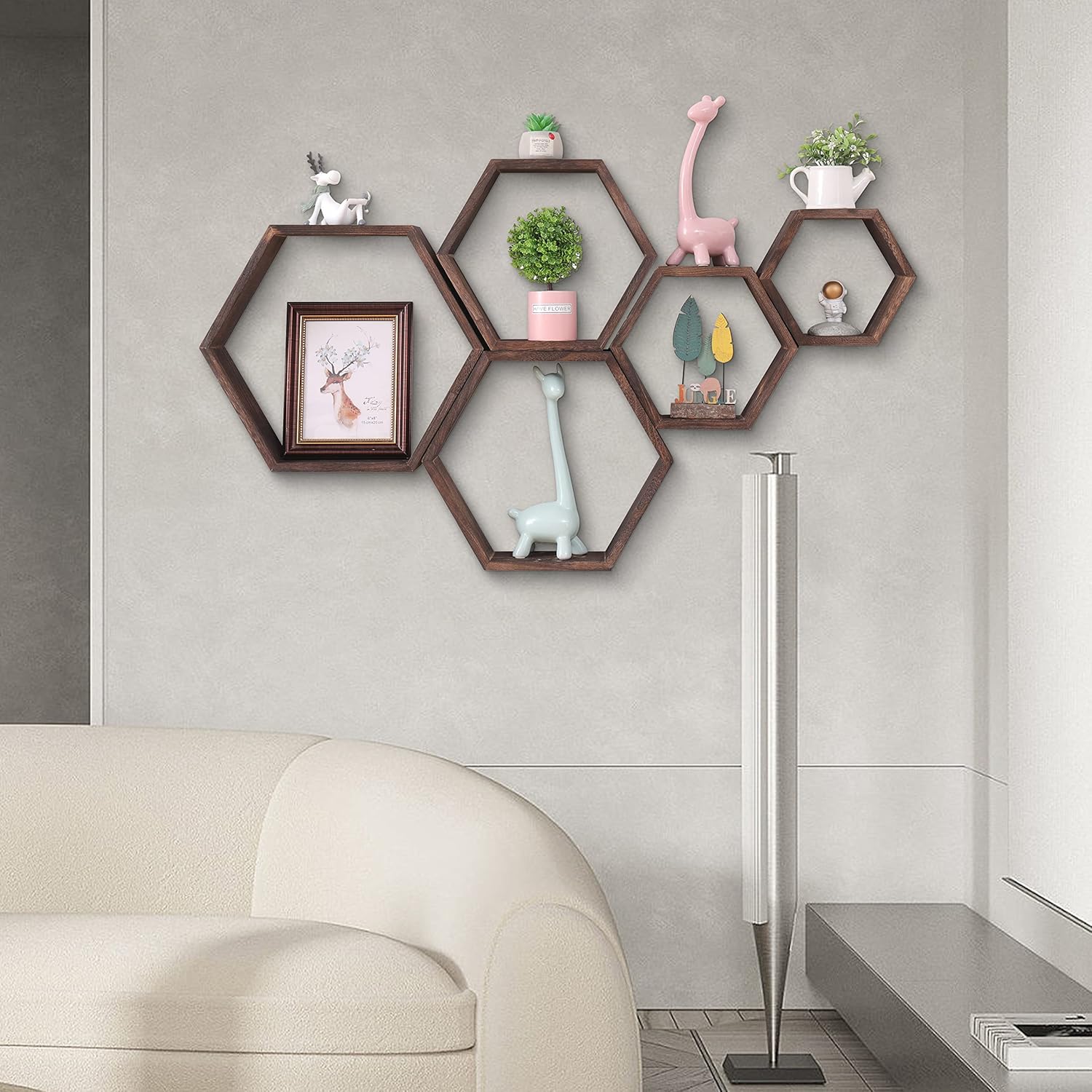 WONFUlity Hexagon Floating Shelves Driftwood Wood