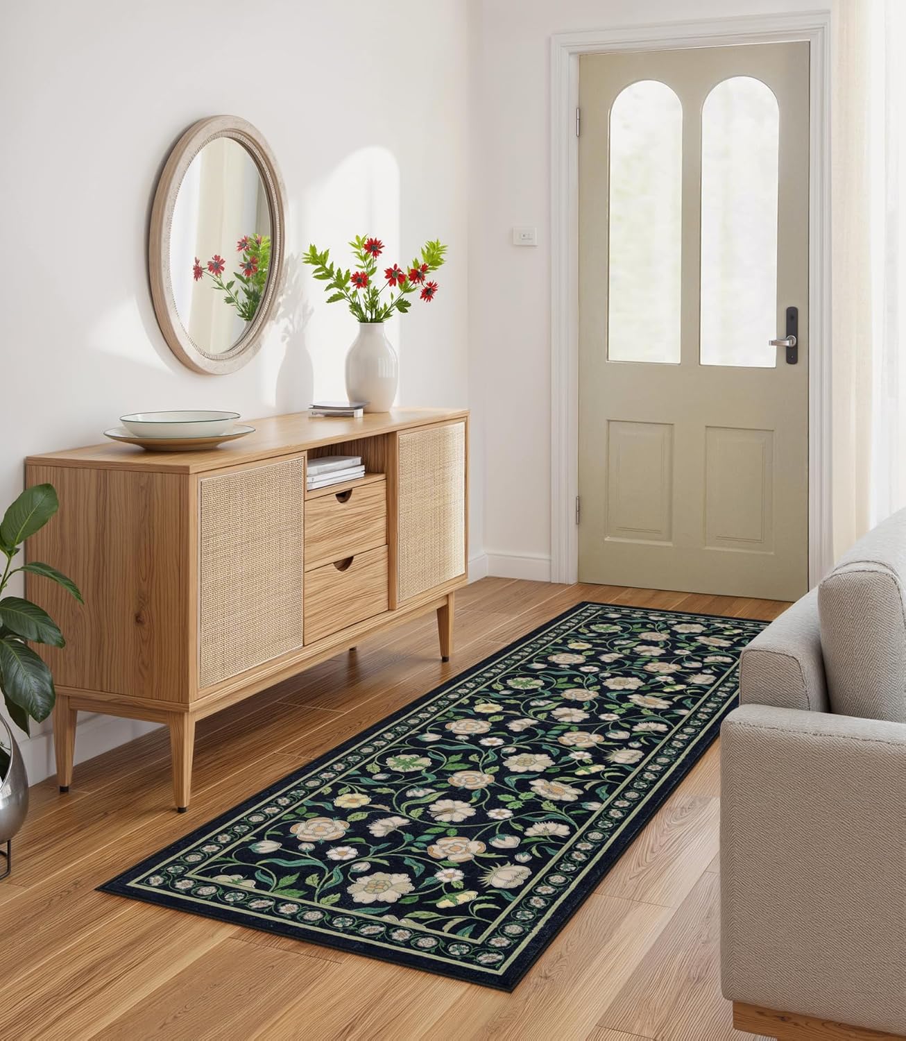 Moynesa Floral Hallway Runner Rug 6ft Non-Slip Black