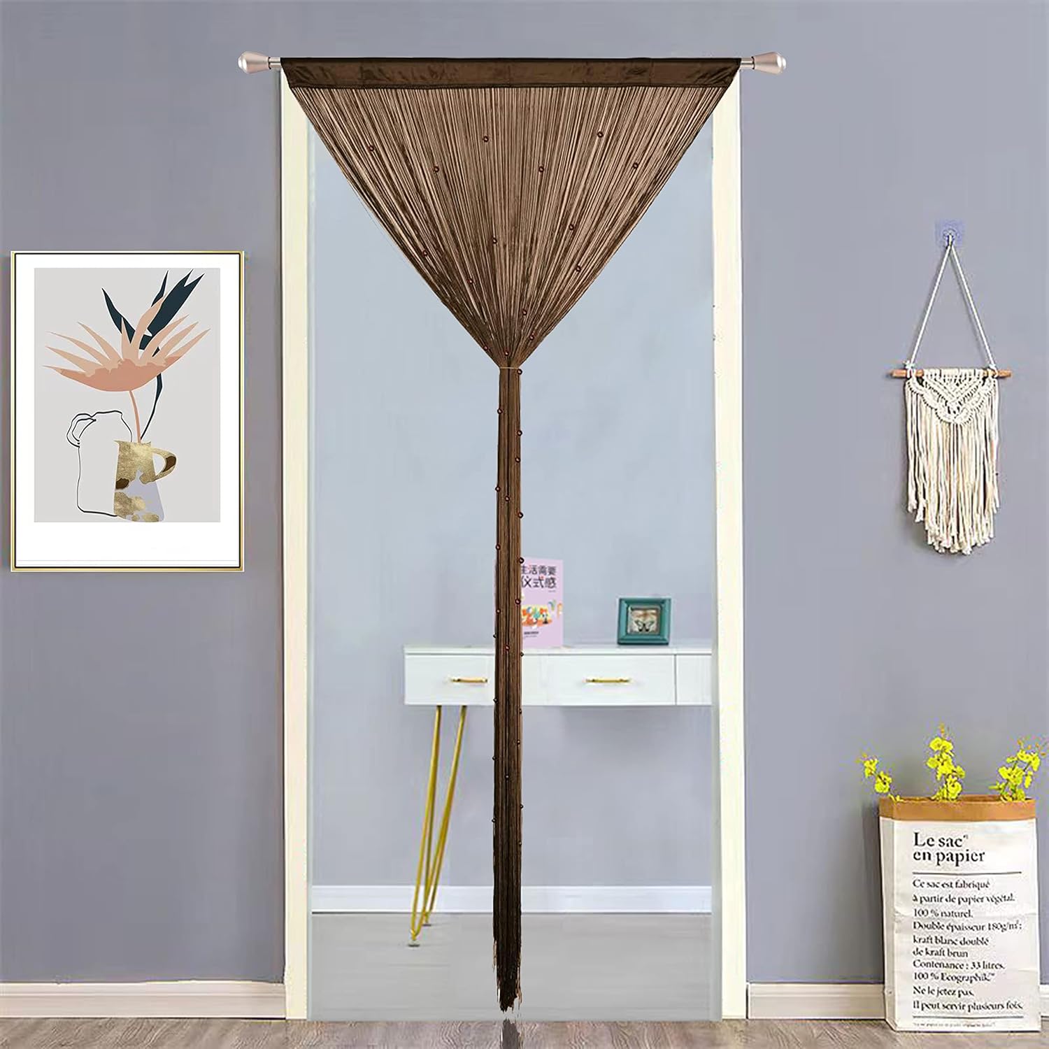 Beaded Curtain with Telescopic Rod for Door and Window Decor