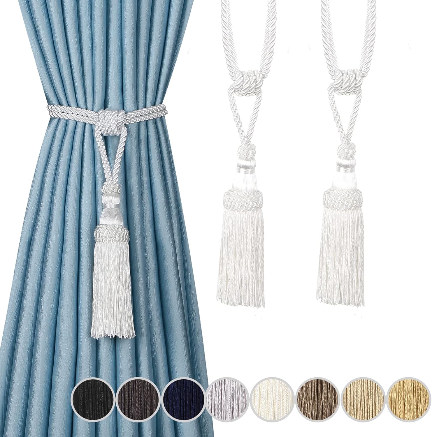 Fenghuangwu 2PCS Curtain Tassel Tiebacks Handmade Tassels Rope Holdbacks for Home Office Decor - White
