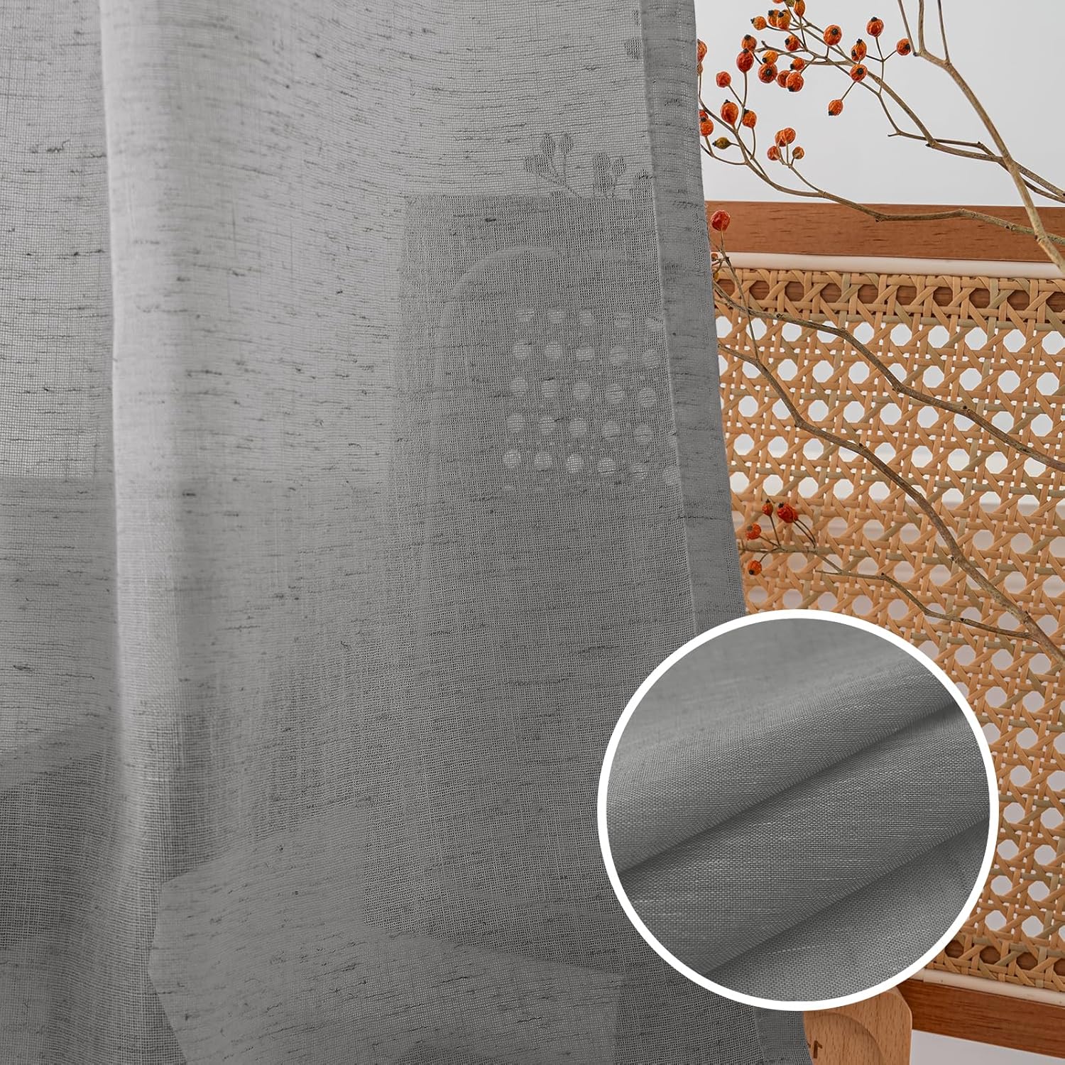 Turquoize Grey Linen French Door Curtains with Tie-Back