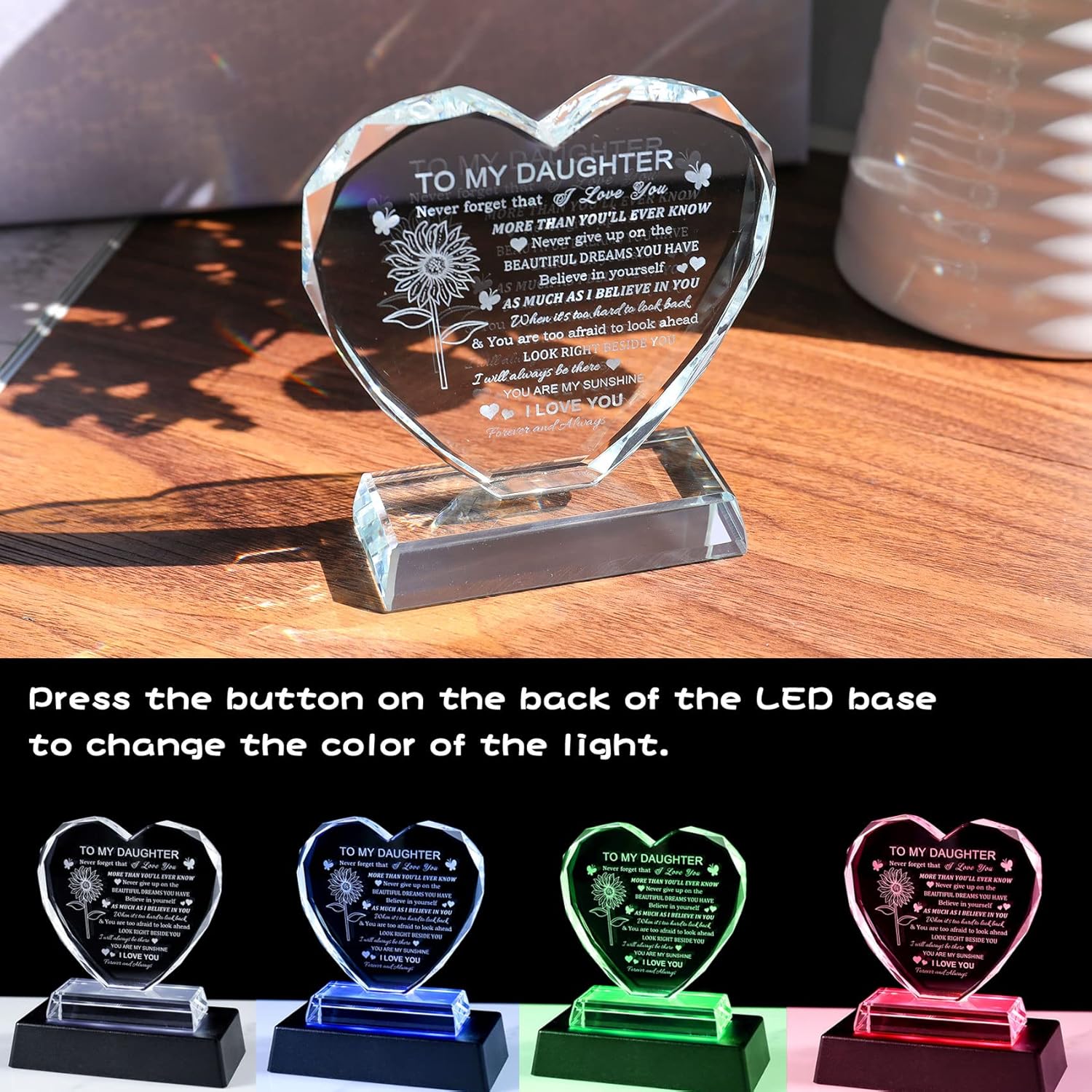 Heart-Shaped Glass Keepsake with LED Base for Daughter