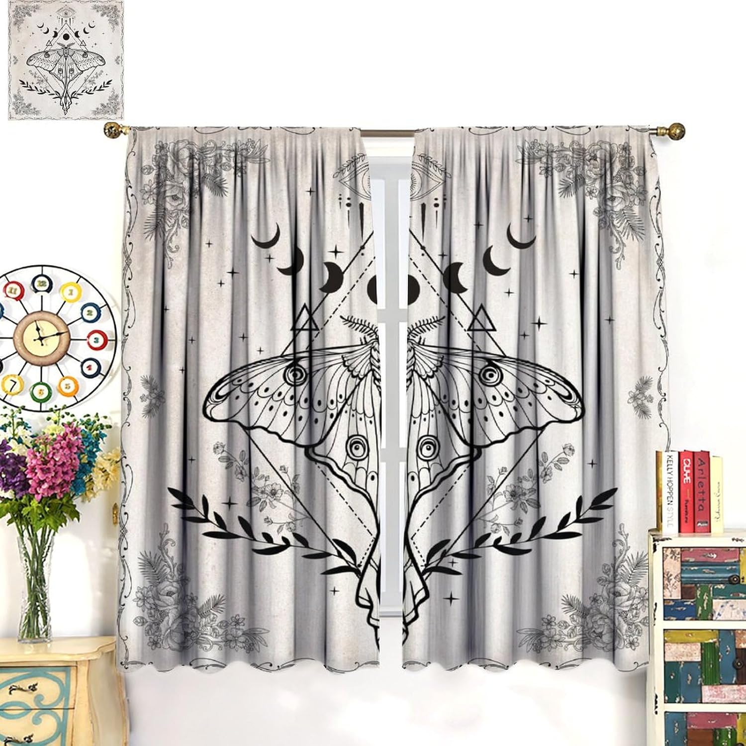 Vintage Boho Moth Curtains with Floral Design 21x45in x2 Panels