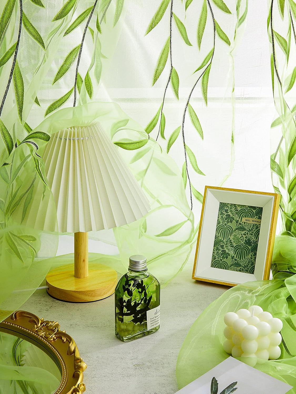 Breling Green Leaf Sheer Curtains 2 Piece Set
