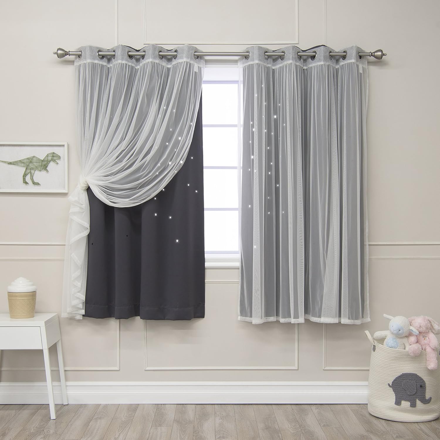 Best Home Fashion uMIXm Tulle Curtains with Star Cut Out - 52 W x 63 L - 2 Panels