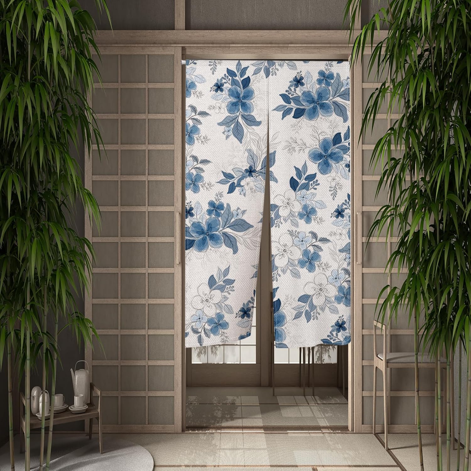 Blue Floral Noren Curtain for Home Decor