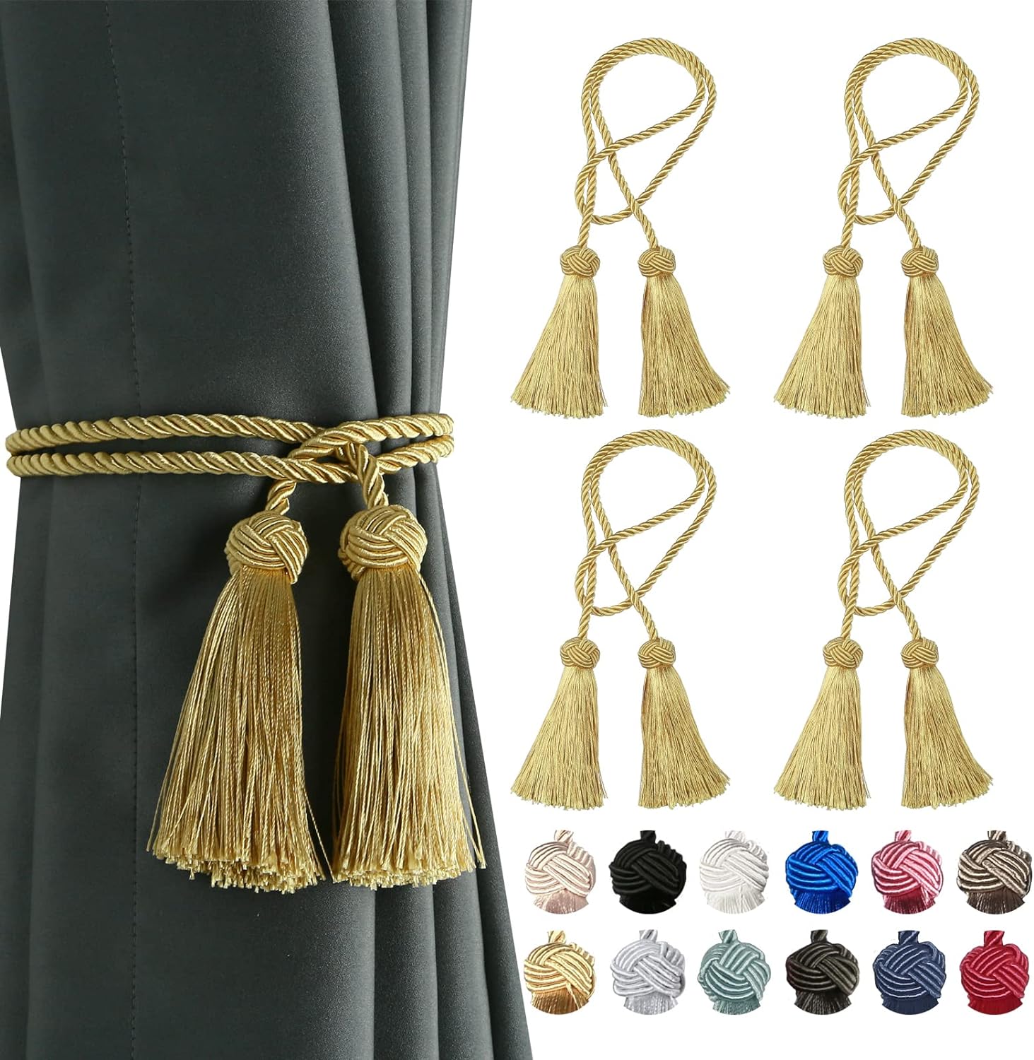BEL AVENIR 4 Pack Gold Curtain Tiebacks with Tassels