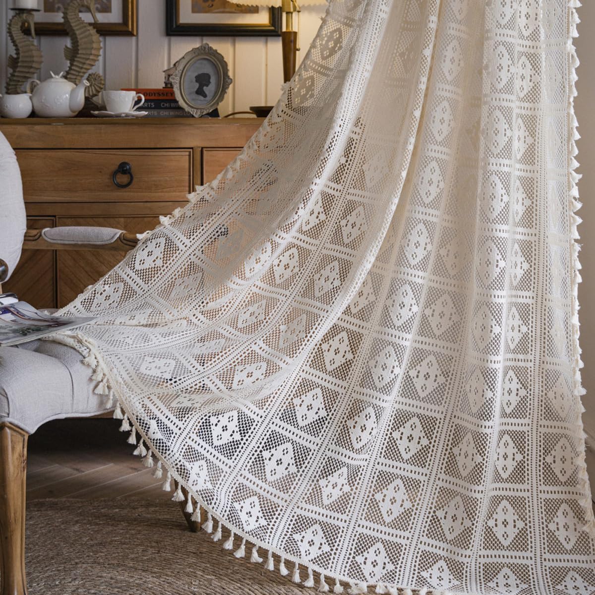 Bringsine Boho Cotton Curtains with Macrame Tassels 59x63 Inches Beige Panel