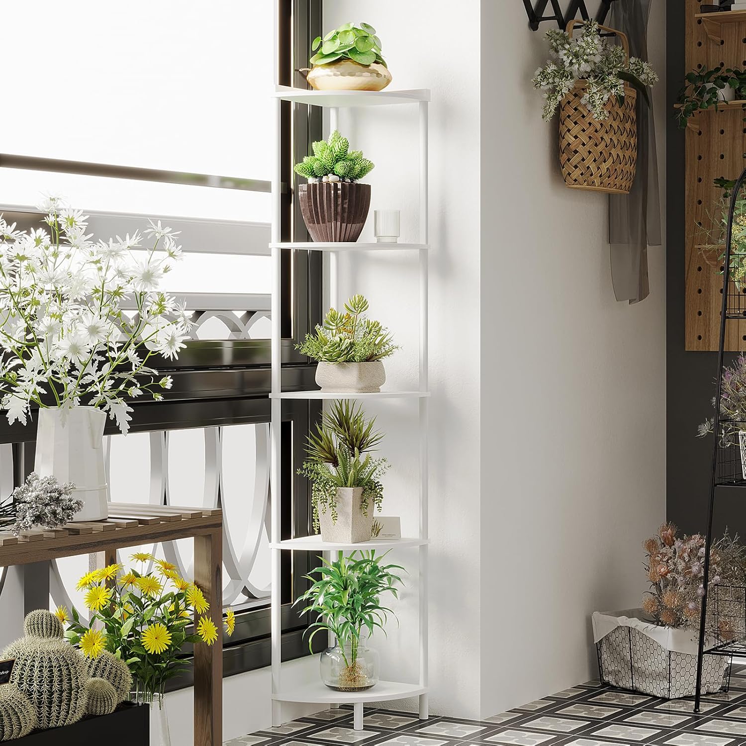 SUNMORY 5 Tier Corner Shelf Stand for Living Room Decor Wall Corner Bookshelf Storage White