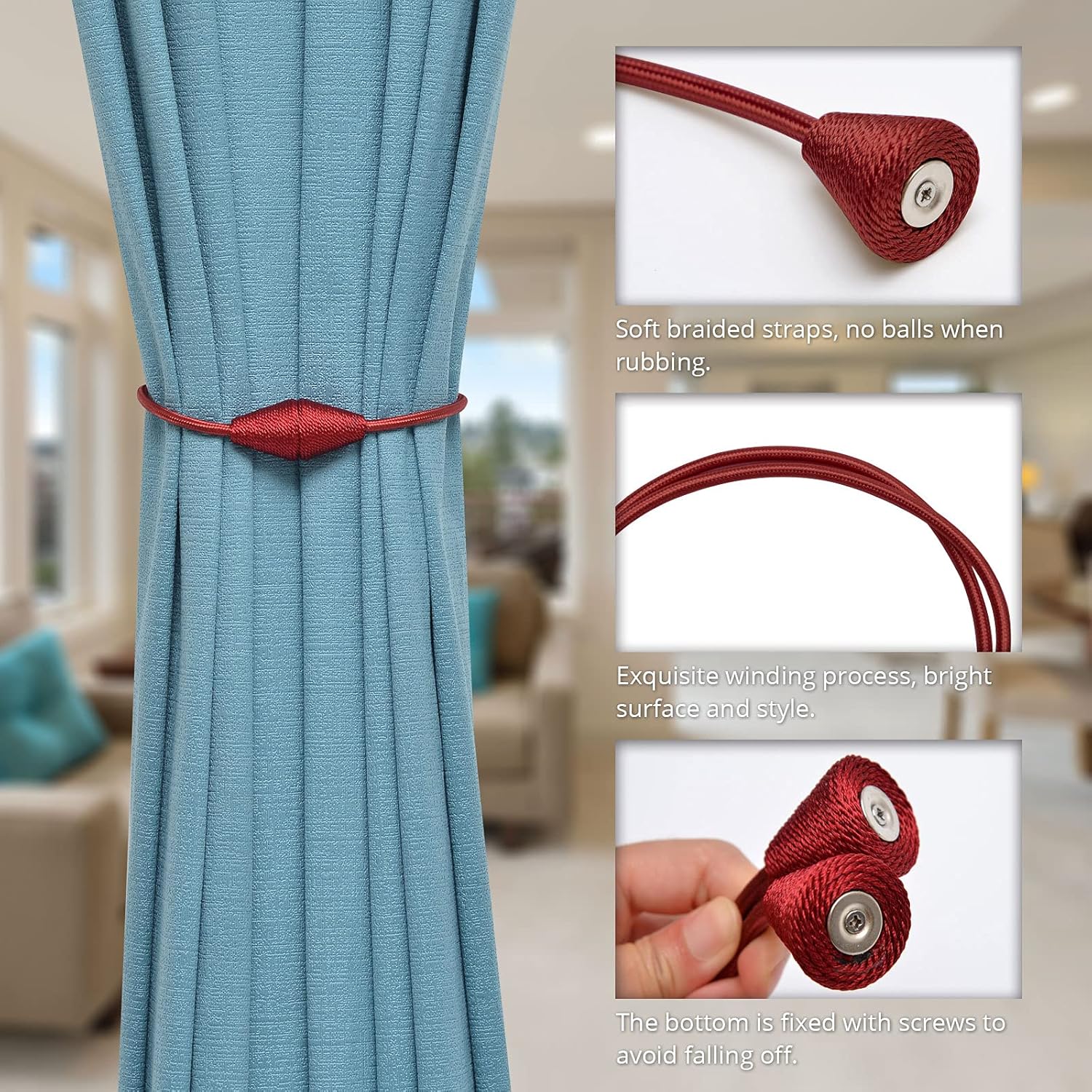 NICEEC 2 Pack Magnetic Curtain Tiebacks Red
