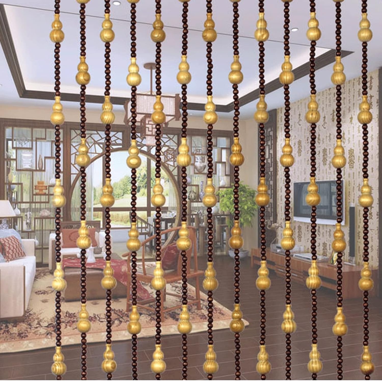 Natural Wood and Bamboo Beaded Curtain for Bedroom Privacy