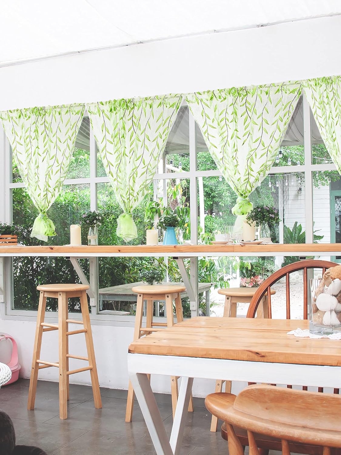 Breling Green Leaf Sheer Curtains 2 Piece Set