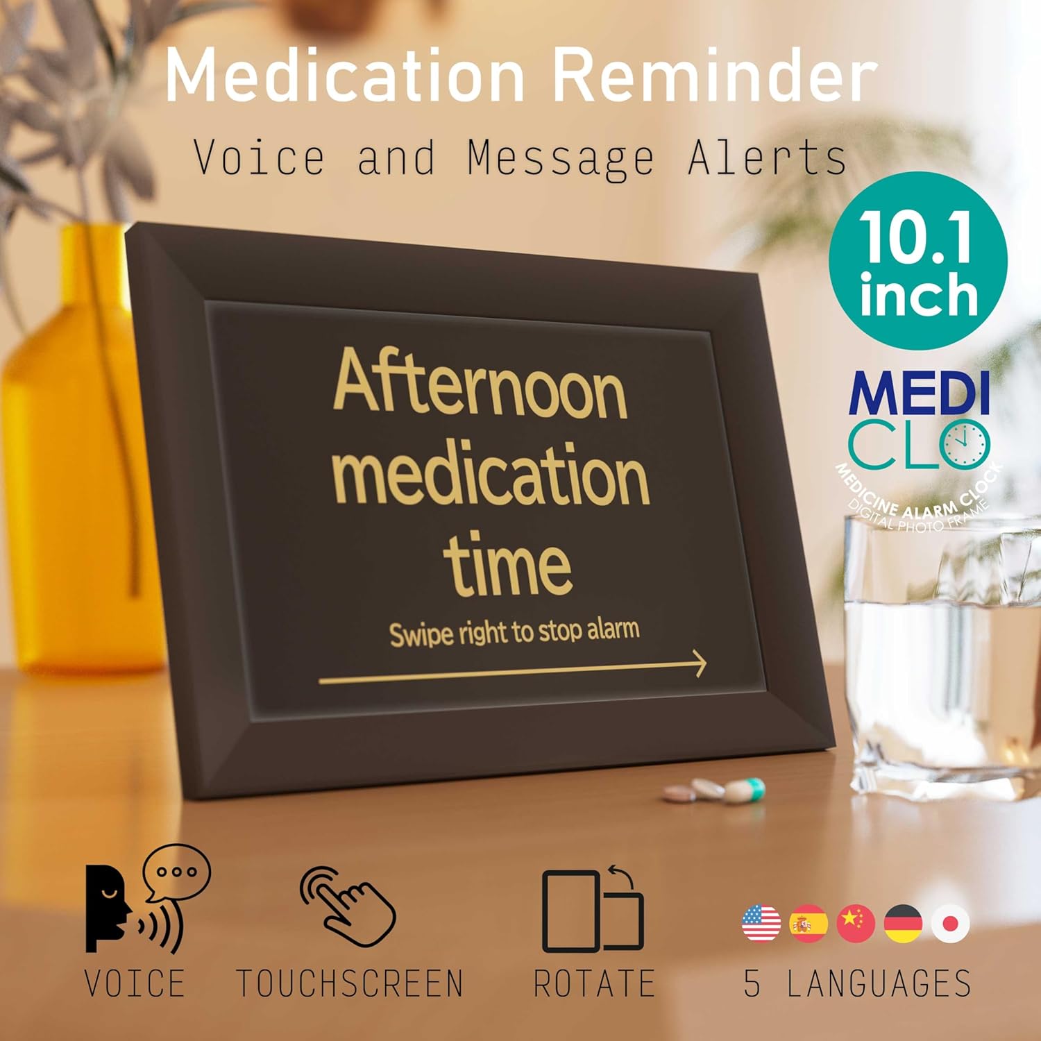 101 Digital Clock for Seniors Remote Photo Sharing Medication Reminders Auto Slideshow Dementia Aid Black Desk Mount