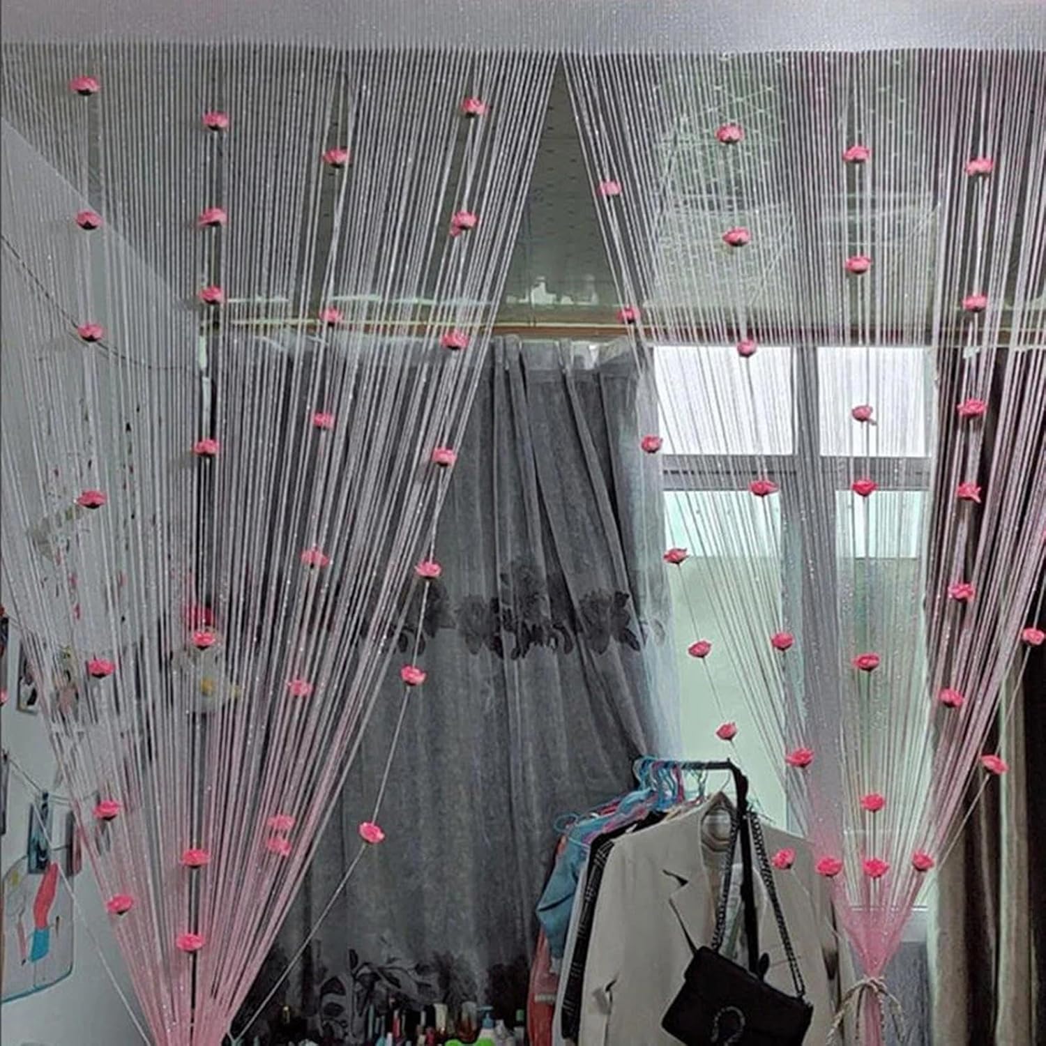 Pink Rose String Curtain for Doors and Windows