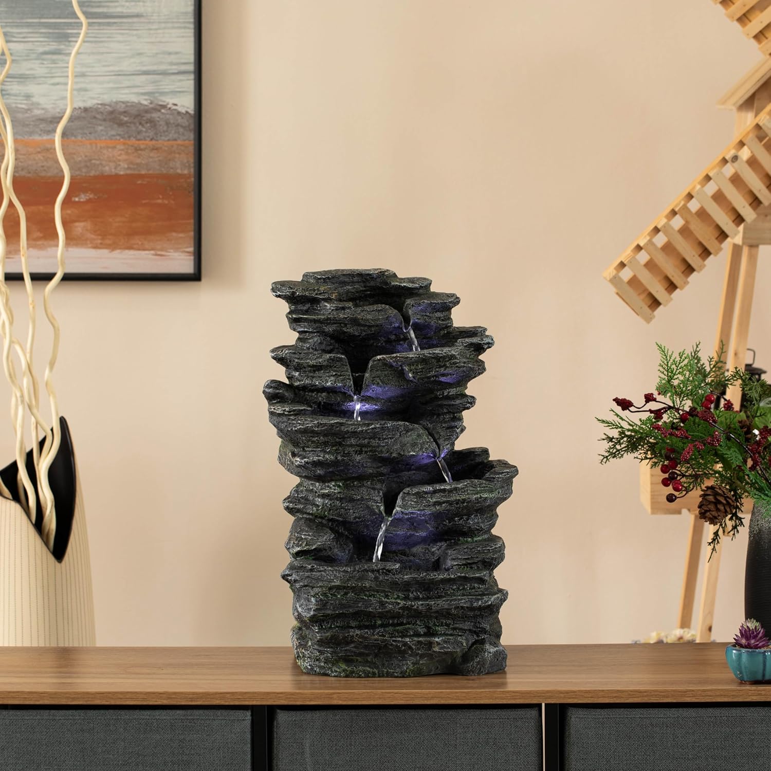 Cascading 5-Tier Electric Rock Water Fountain with LED Lights 18 In