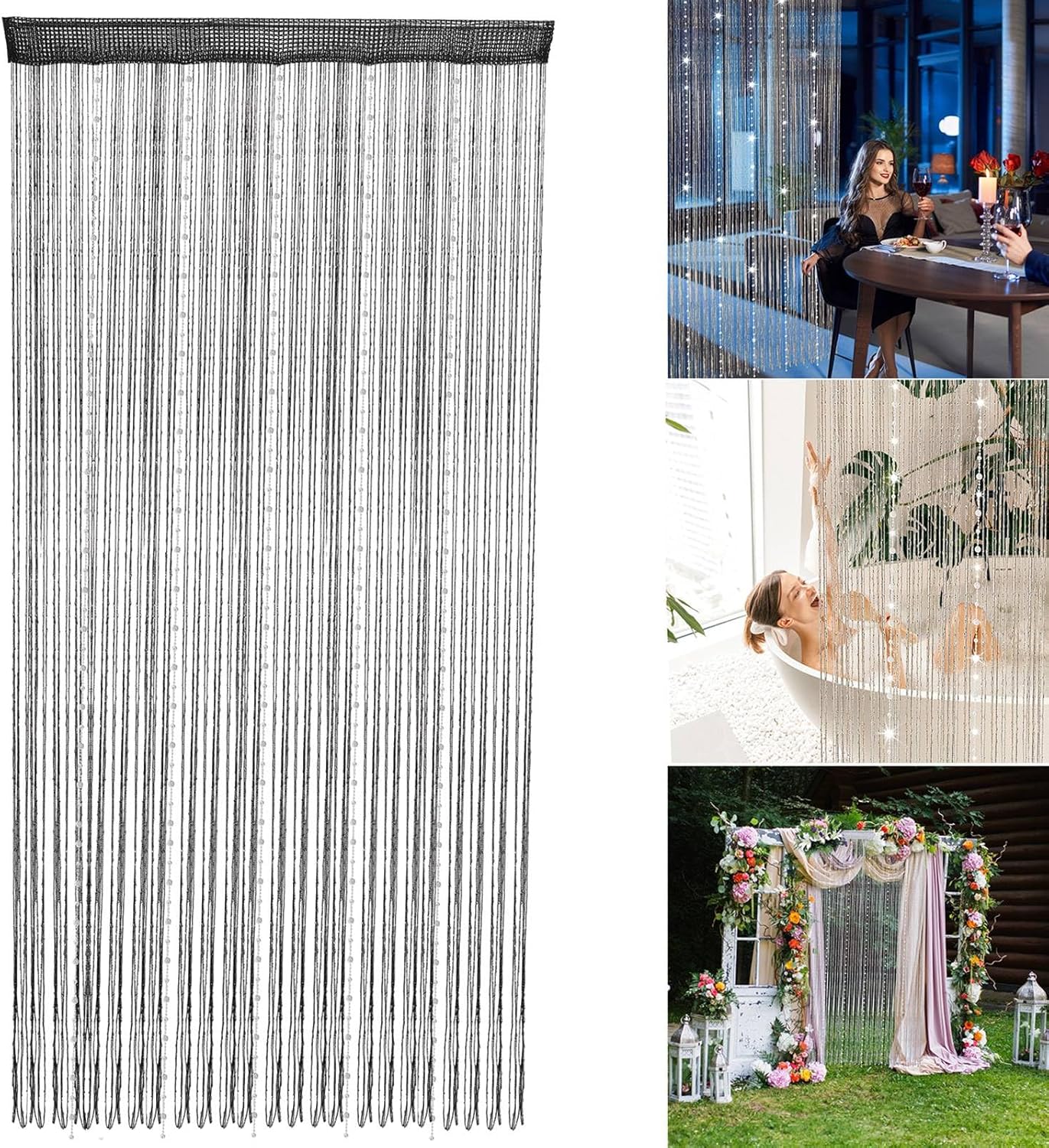 Ejoyous Beaded Curtain Crystal Beads Decorative Door Divider 1x2m Black