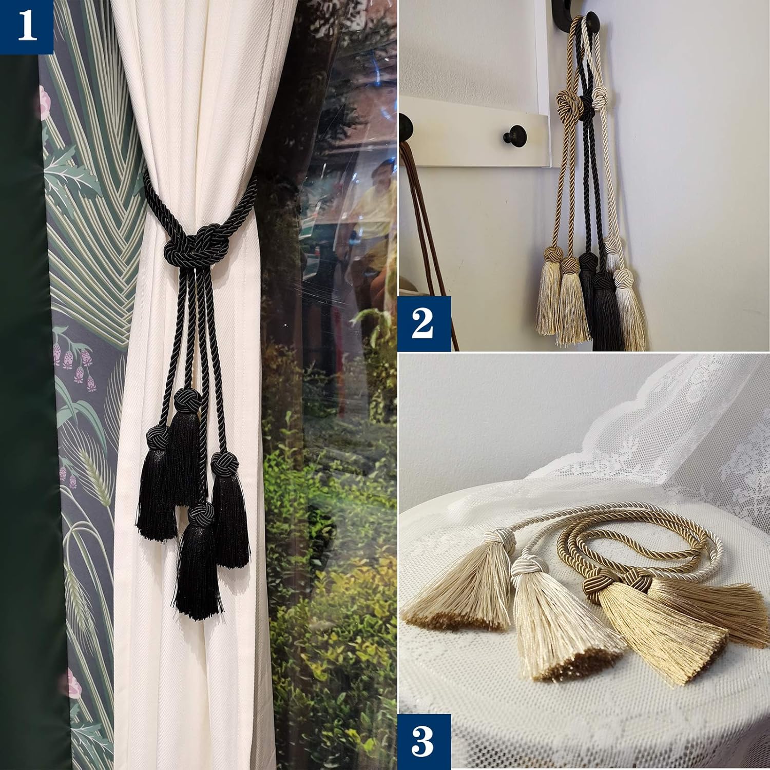 Elegant Black Rope Curtain Tiebacks with Tassels 4 Pack