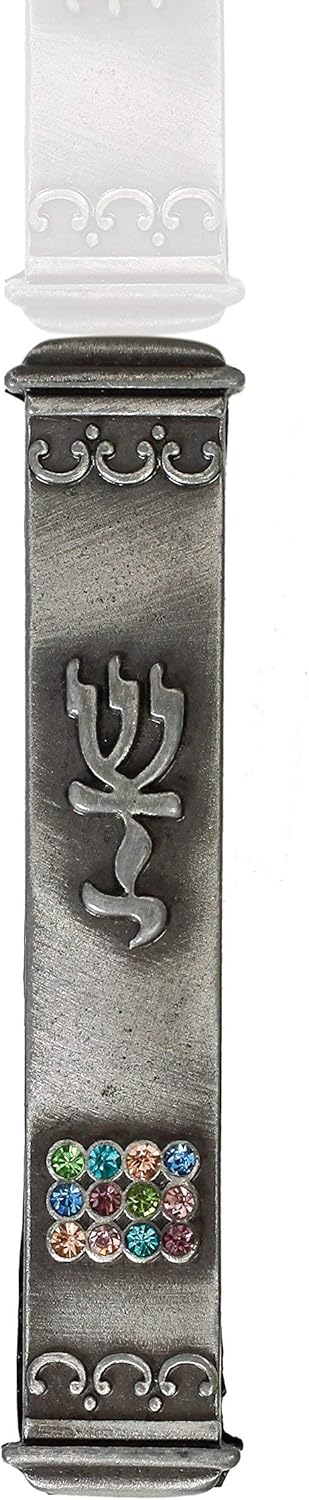 Holy Land Market Mezuzah Scroll - 3 Inches Silver 12 Tribes Ephod Breastplate