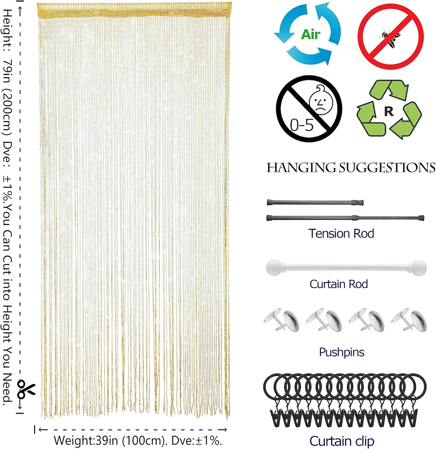 Gold Beaded Curtain for Doorway and Room Divider