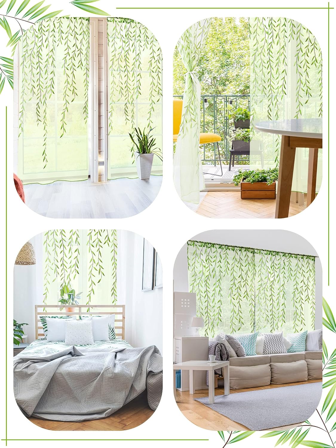 Breling Green Leaf Sheer Curtains 2 Piece Set