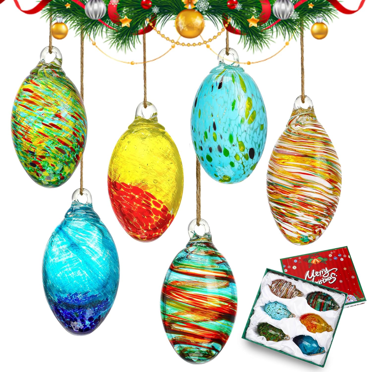 7 Chakra Healing Glass Egg Ornaments with LED Stand 6pcs