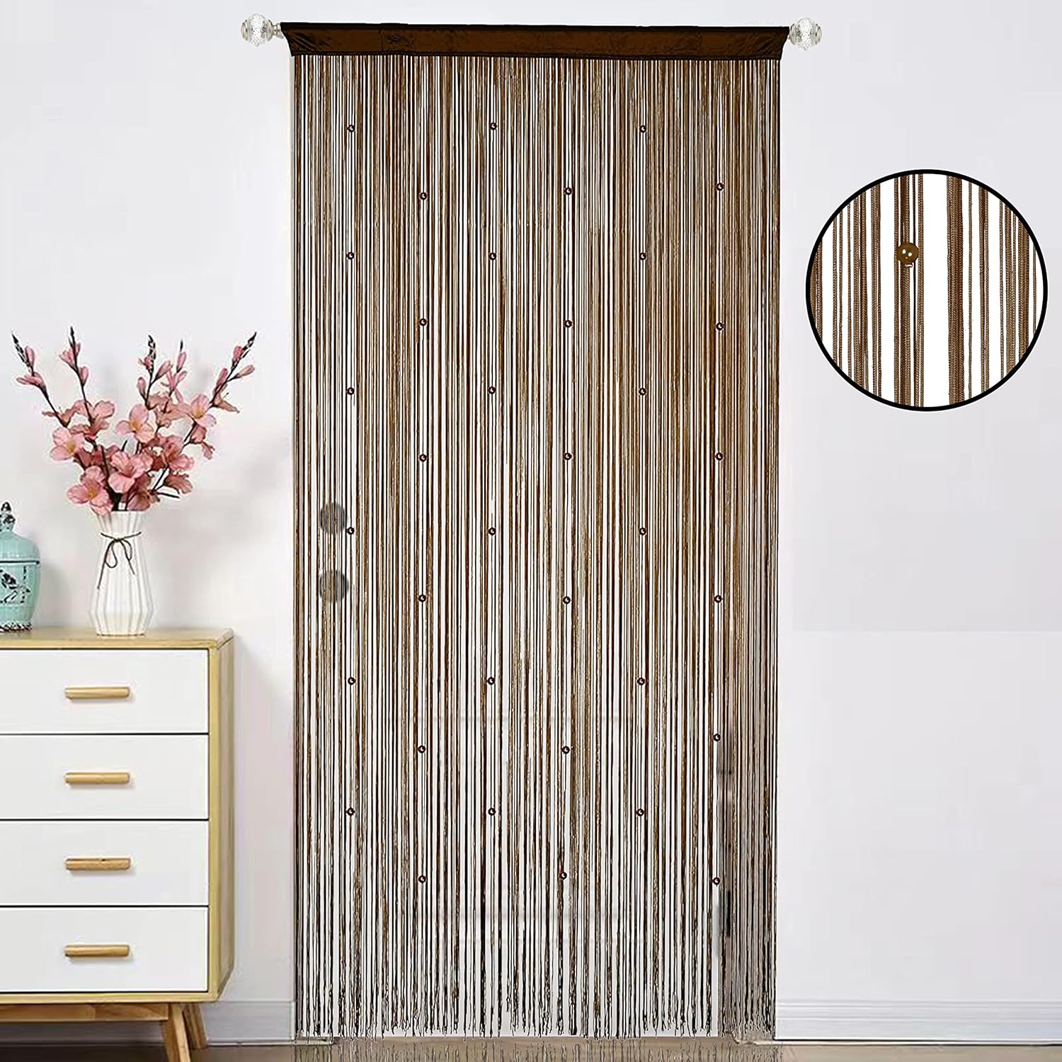 Beaded Curtain with Telescopic Rod for Door and Window Decor