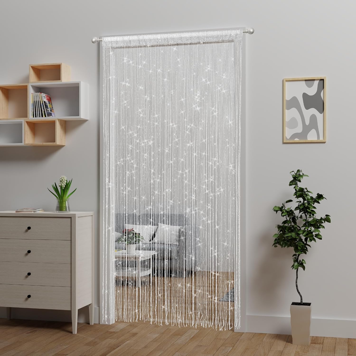 4 Piece White Beaded Curtain with Tassel Hanging Room Divider Decor Panel for Doors and Windows