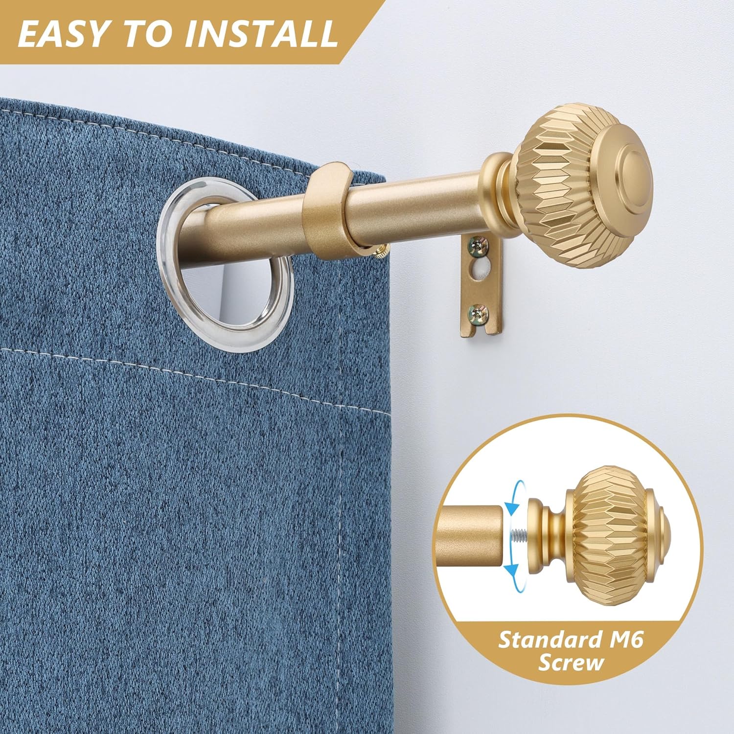 Gold Curtain Rods for Windows 48-84 Inches Adjustable Heavy Duty with Lantern Ball Finials