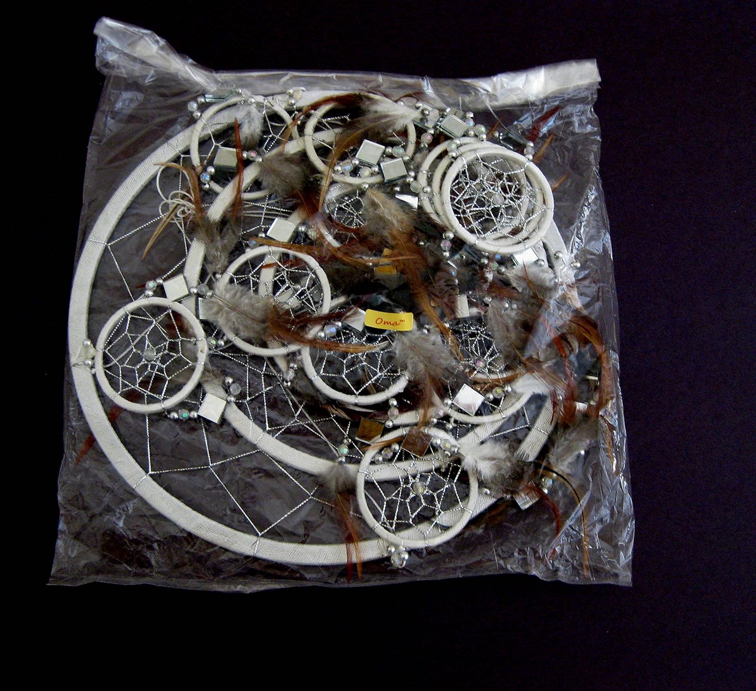White Dream Catcher with Feathers and Glass - Large 28 x 10