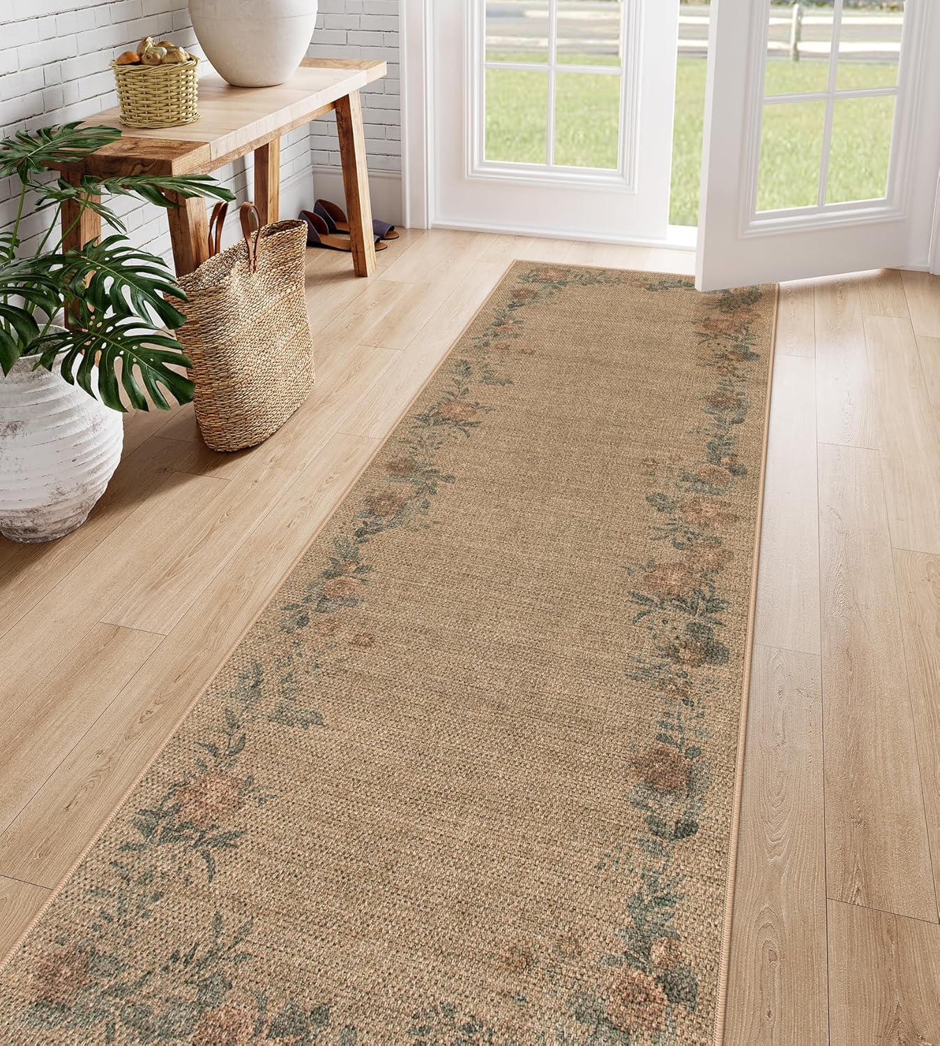 Lahome Floral Jute Runner Rug 2x8 Non Slip Indoor Outdoor