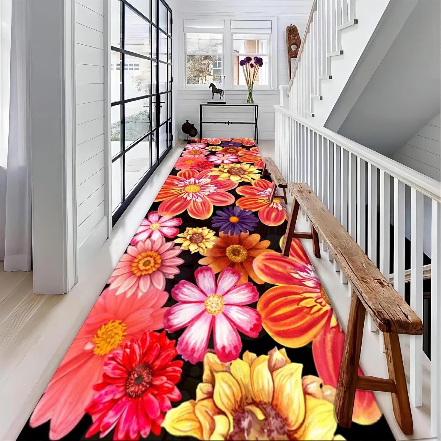Peony Runner Rug 2x7ft Modern Bright Floral Carpet