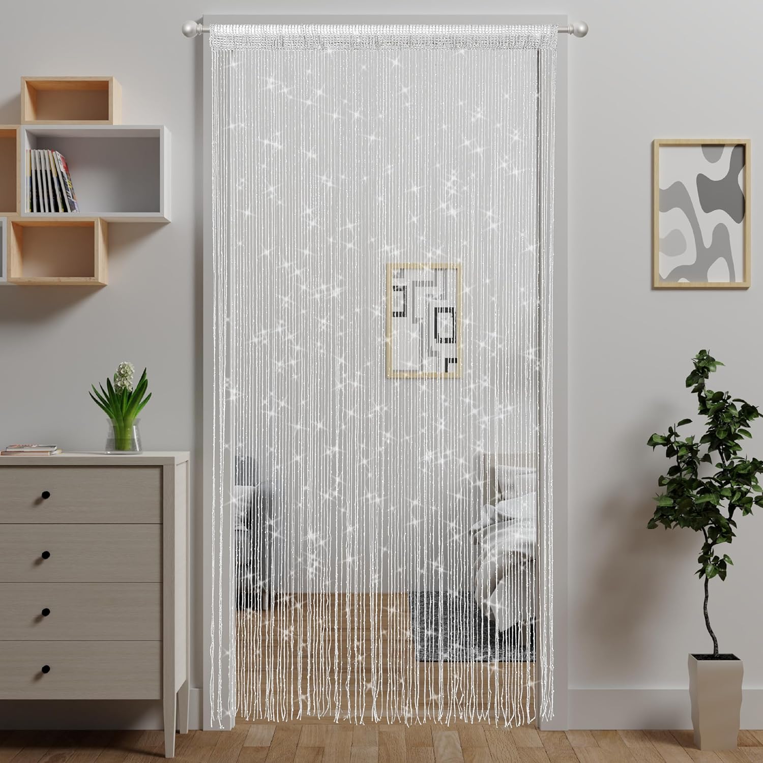 4 Piece White Beaded Curtain with Tassel Hanging Room Divider Decor Panel for Doors and Windows