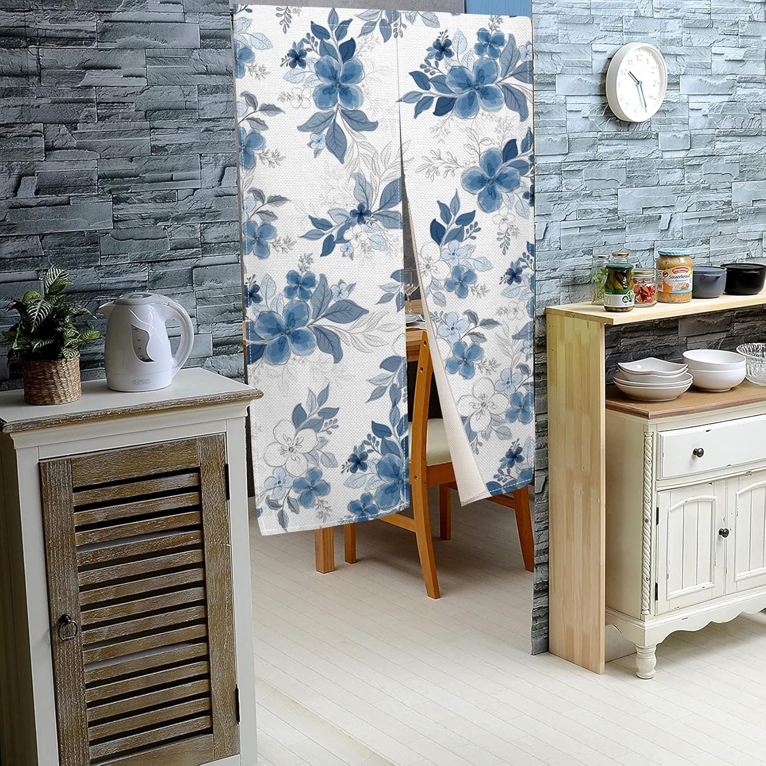 Blue Floral Noren Curtain for Home Decor