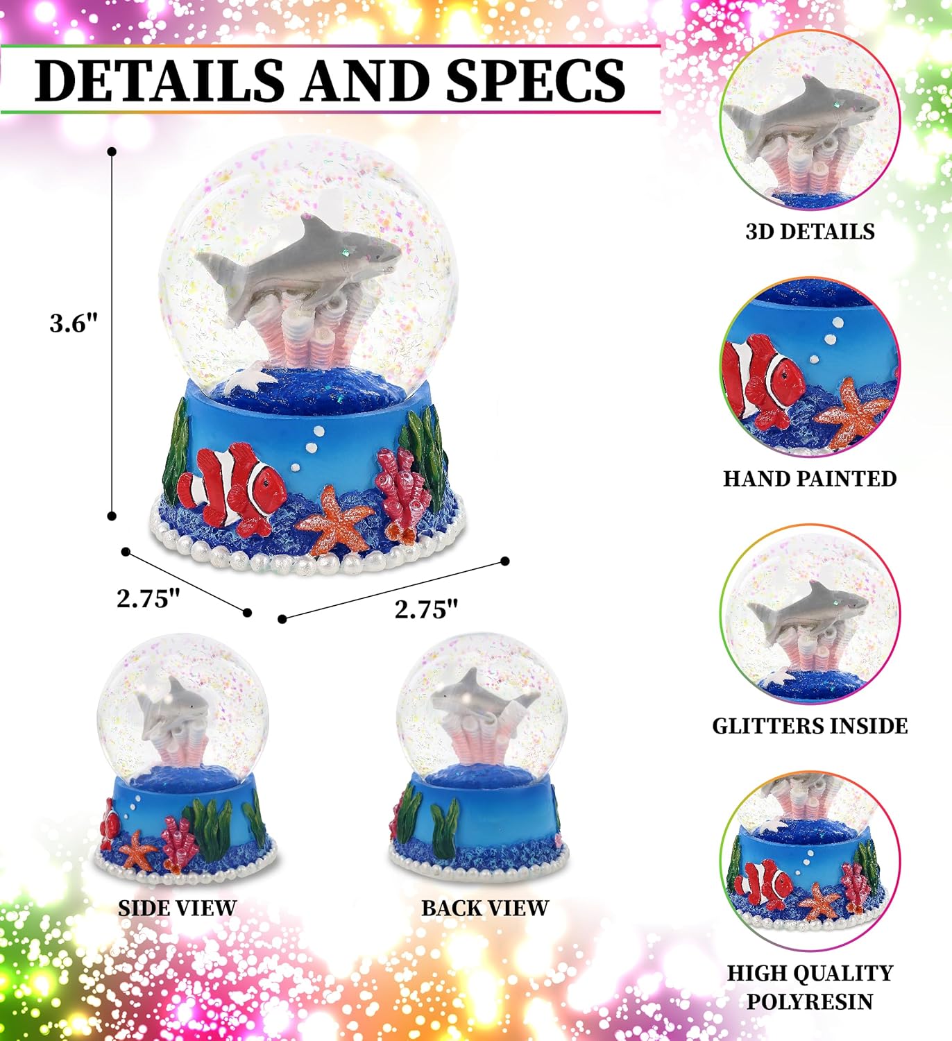 CoTa Global Shark Coral Snow Globe - Pink Glitter Decor 65mm