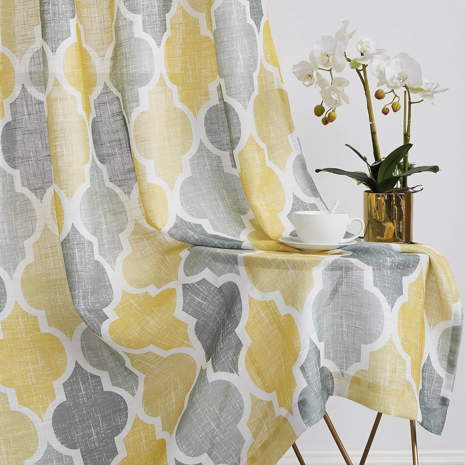 Beauoop Linen Semi Sheer Curtains 2 Panels Yellow Grey